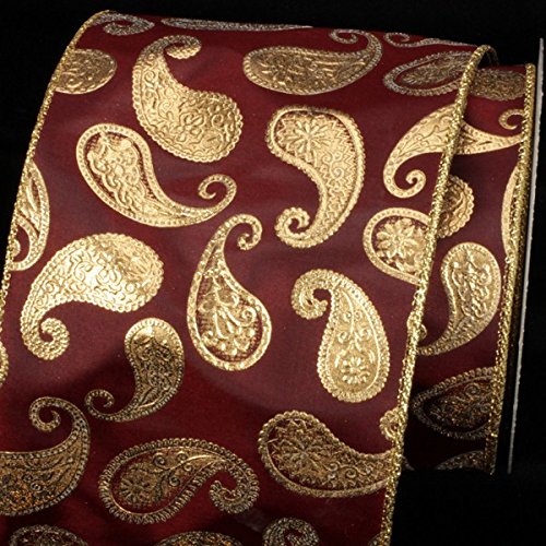 Metallic Burgundy Red & Gold Paisley Print Wired Craft Ribbon - 6 Inch x 20 Yards for Gift Wrapping, DIY Decorations, Wedding Bouquets & Scrapbooking