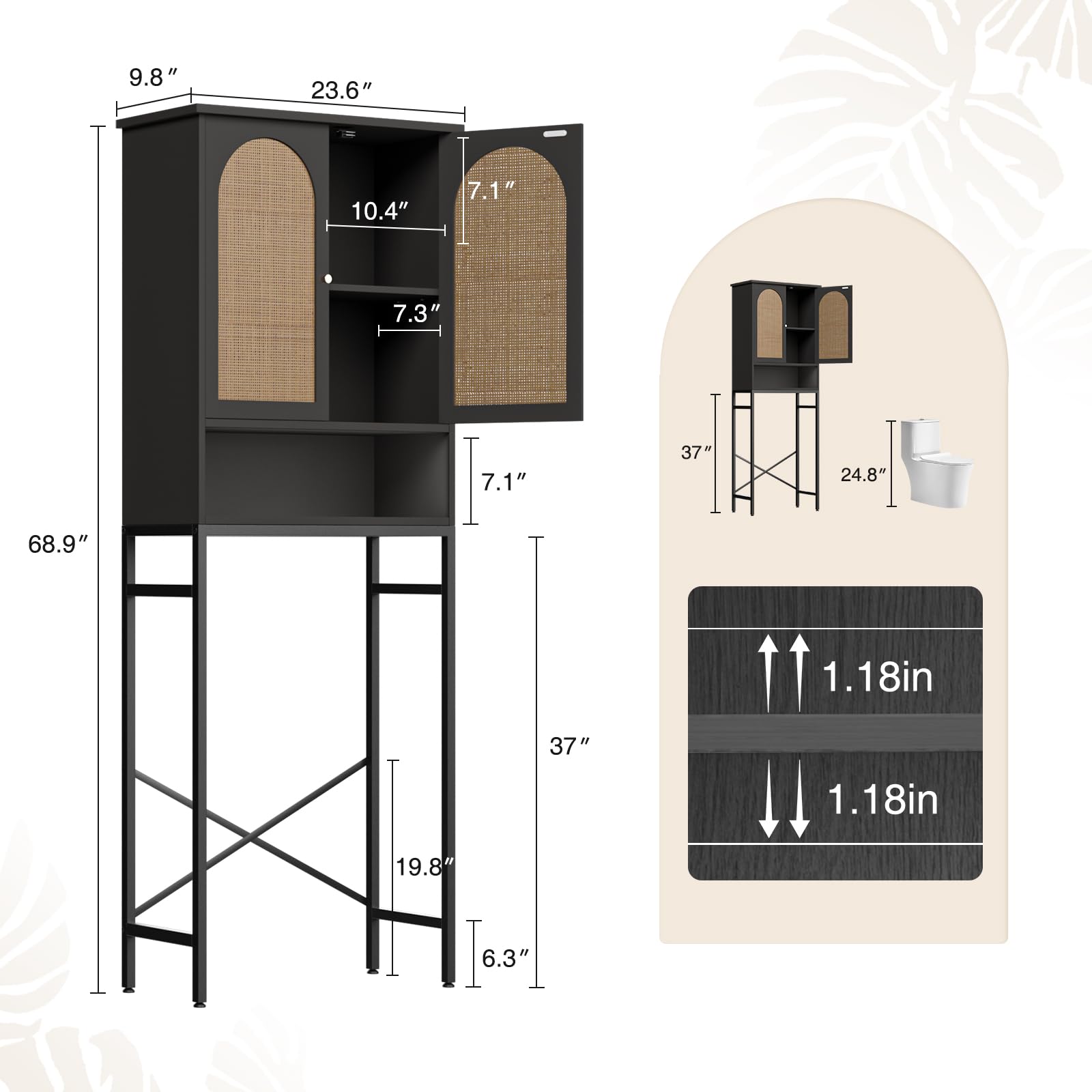 Natural Rattan Toilet Storage Cabinet - Over the Toilet Wooden Bathroom Organizer with Adjustable Shelf & Metal Stand | Freestanding Washer Shelf, Space-Saving Cupboard | Perfect for Small Bathrooms, Laundry Rooms & Apartment Storage (Black)