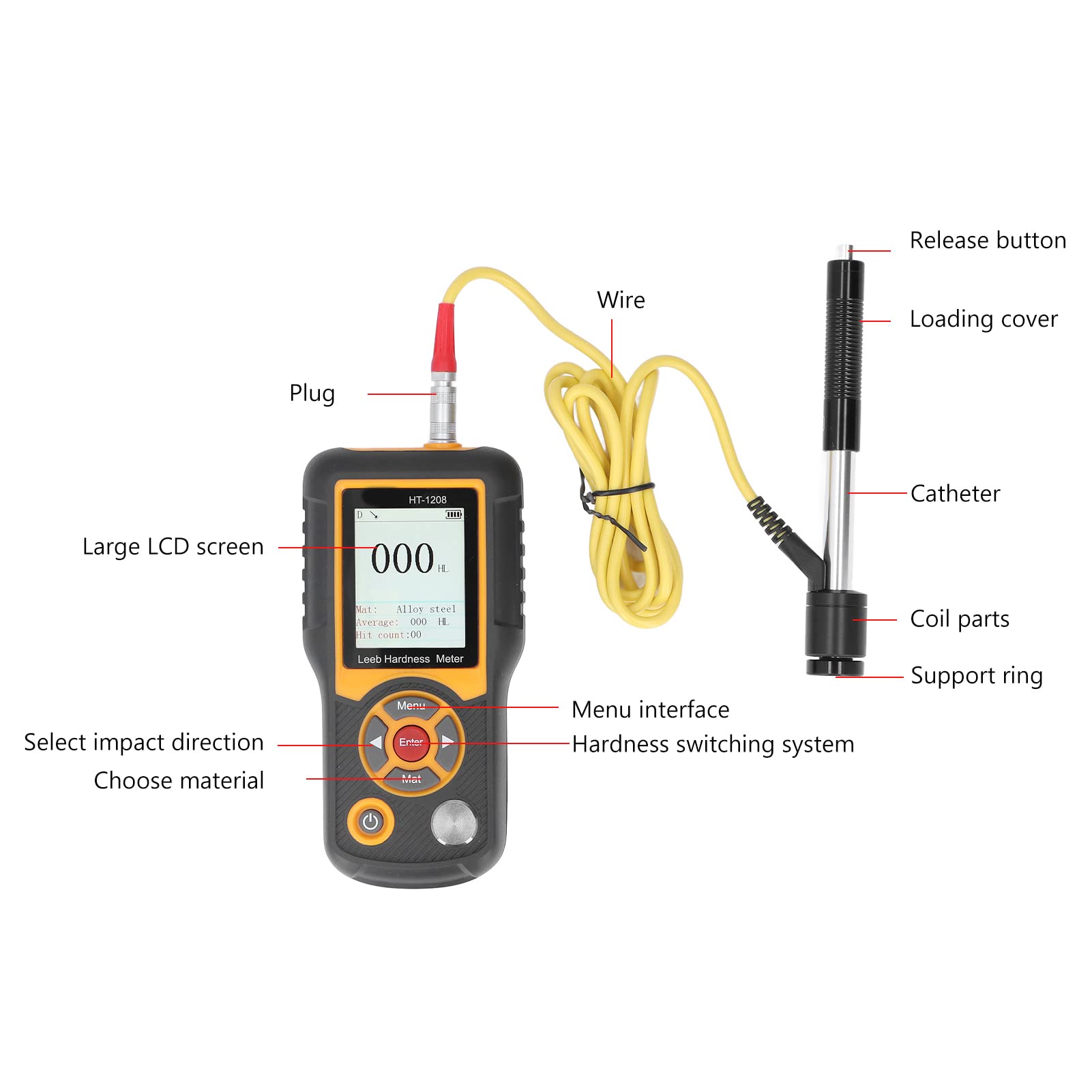 Portable Hardness Tester 170-960 HL Digital Durometer | HRA HRB HRC HB HV HSD Scale | TFT Color Screen | for Steel, Iron, Bronze, Copper, Aluminum (HT-1208) | Metal Testing, Quality Control, Industrial Use