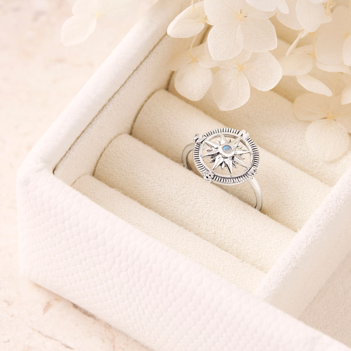 Guiding Light Compass Moonstone Ring - Elegant Silver Jewelry for Women | Perfect for Travel, Outdoor Adventures & Spiritual Healing