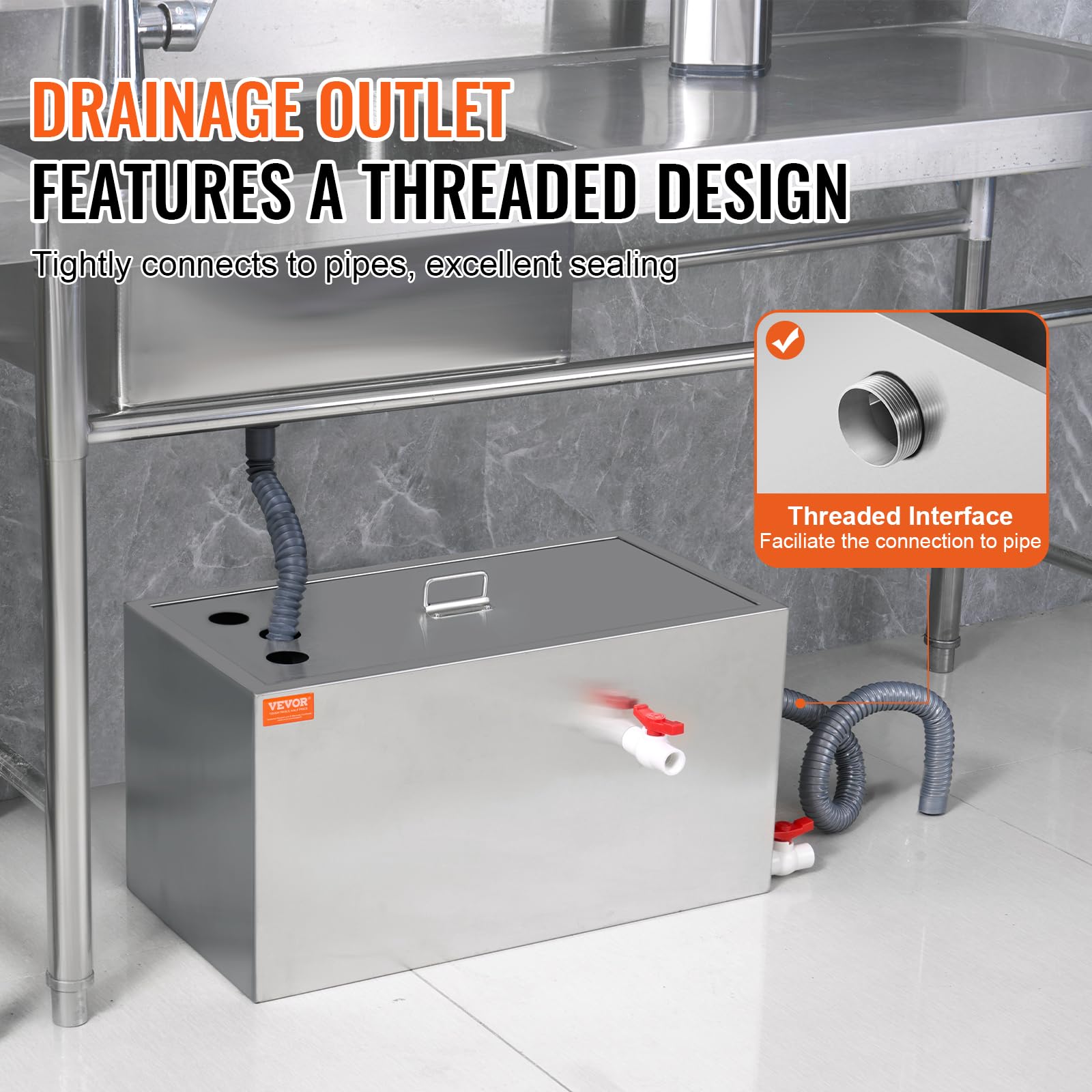 VEVOR 25 LBS Commercial Grease Trap - Stainless Steel Under Sink Grease Interceptor with Top Inlet, 6.4 GPM Wastewater Oil-Water Separator for Restaurant, Canteen & Home Kitchen - Perfect for High-Volume Cooking Areas and Food Service Establishments