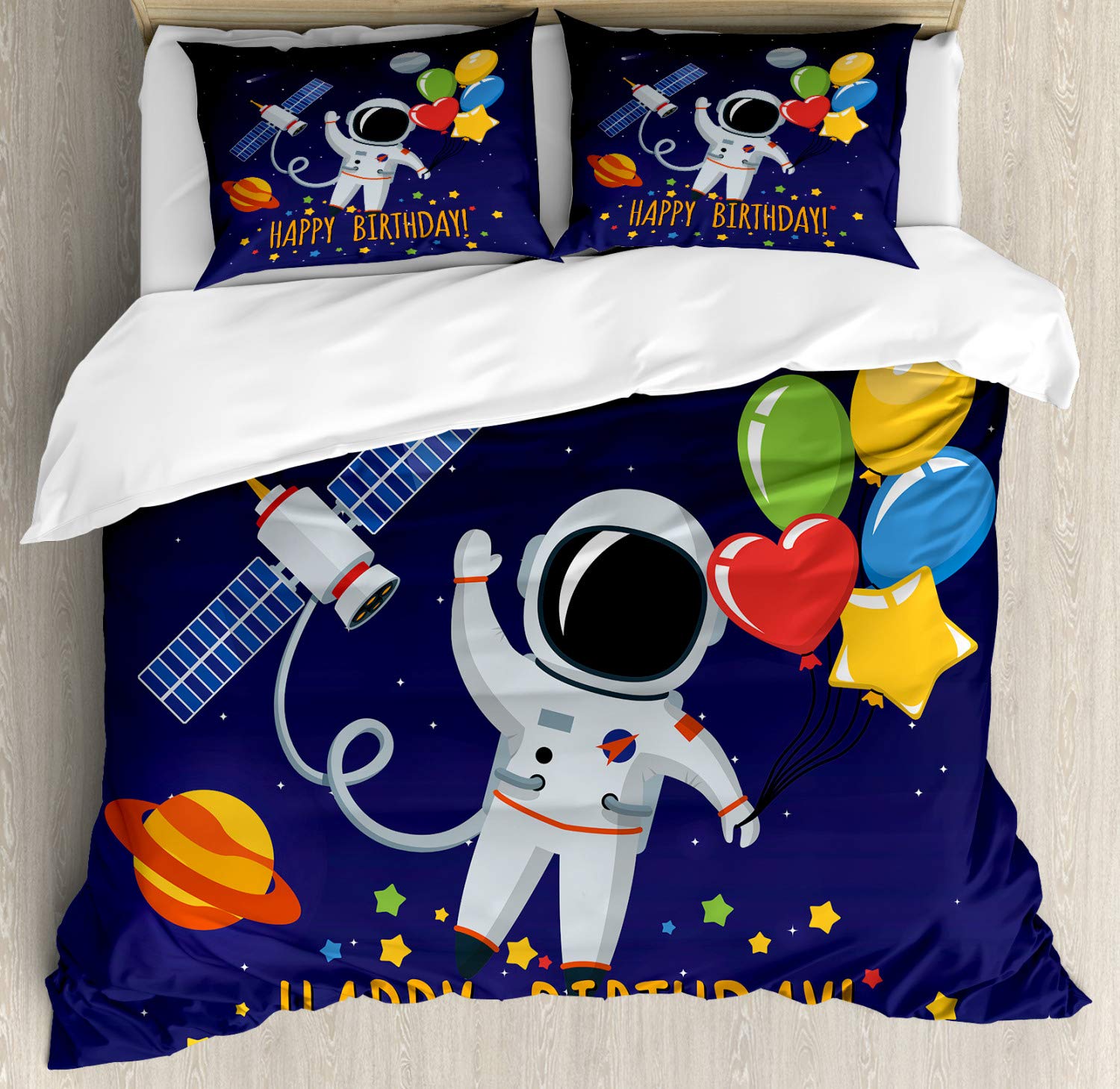 Ambesonne Astronaut Birthday Duvet Cover Set - Cosmos Themed 3-Piece Bedding with 2 Pillow Shams, California King Size, Blue Space Background with Colorful Balloons - Perfect for Kids Room Decor, Space Themed Parties & Unique Gift for Astronomy Lovers