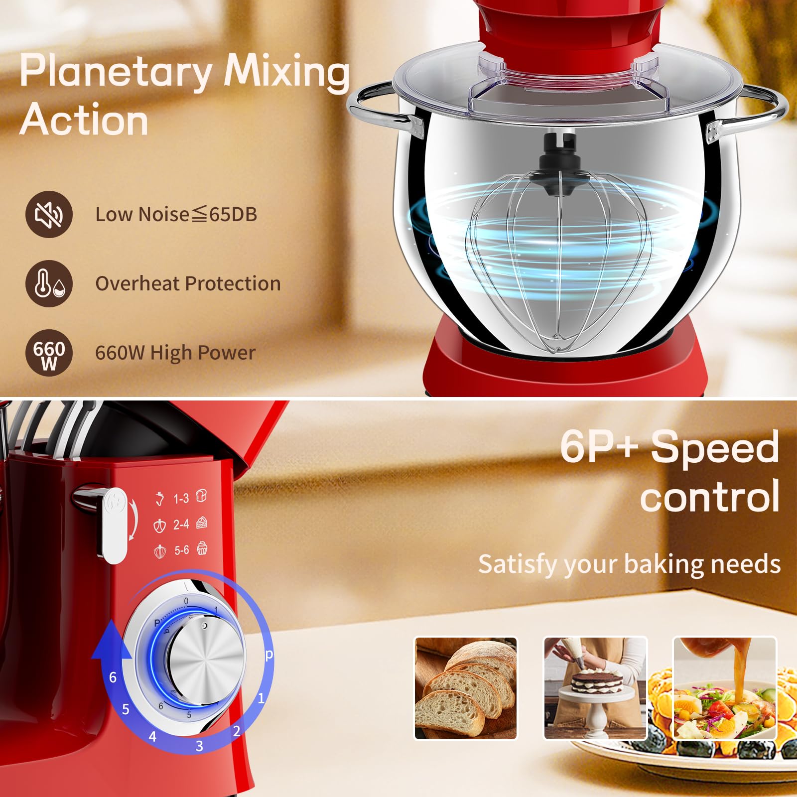 SEEDEEM 8.5 Qt Stand Mixer - 660W Powerful 6-Speed Tilt-Head Electric Kitchen Mixer with Dishwasher-Safe Dough Hook, Wire Whip & Beater - Perfect for Baking Bread, Cookies, Cakes & More - Red