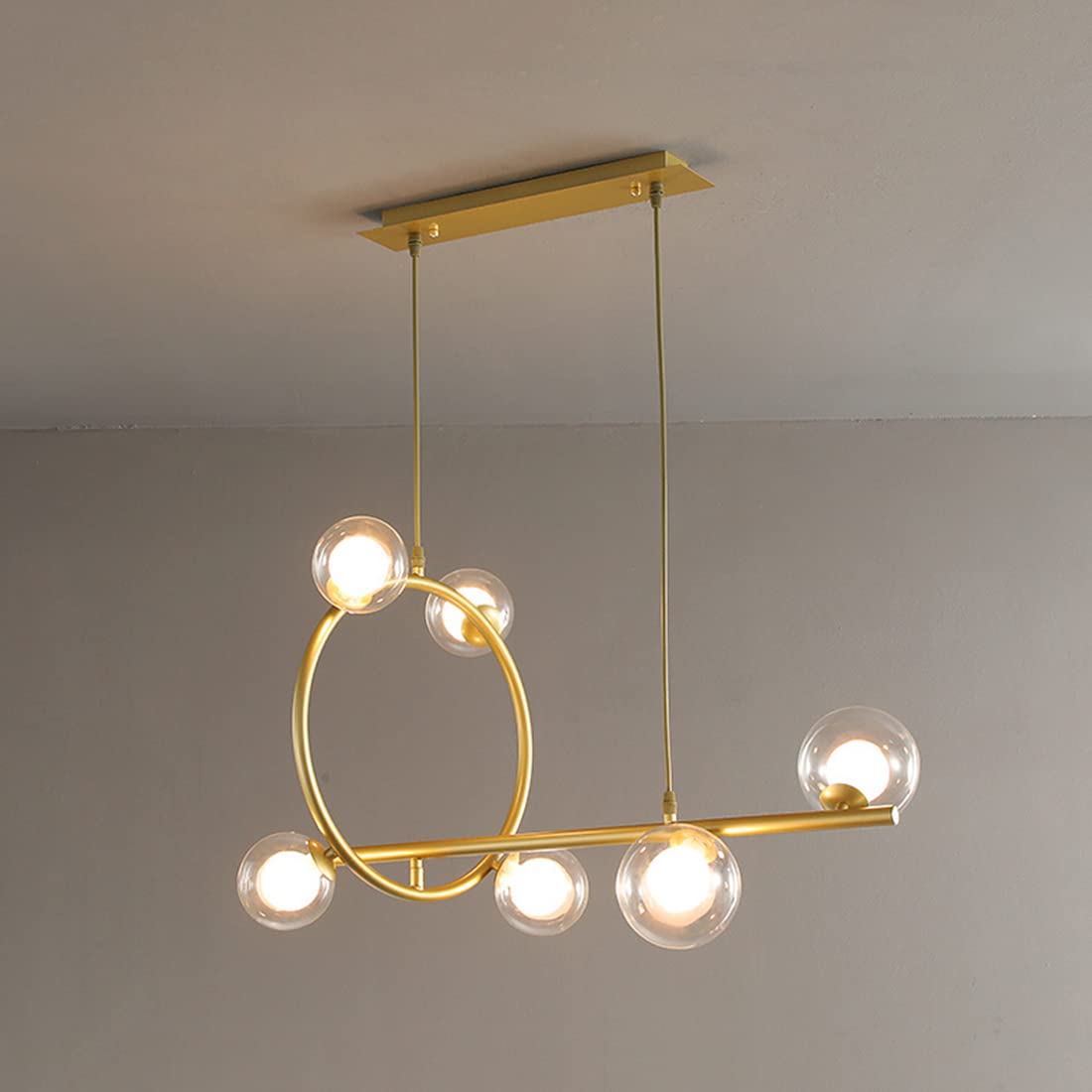 6-Light Modern Gold Linear Glass Chandelier - Ball-in-Ball Molecule Orb Shade Ceiling Pendant Light Fixture for Bedroom, Kitchen, Foyer & Dining Room | Elegant Lighting for Home Decor & Interior Design