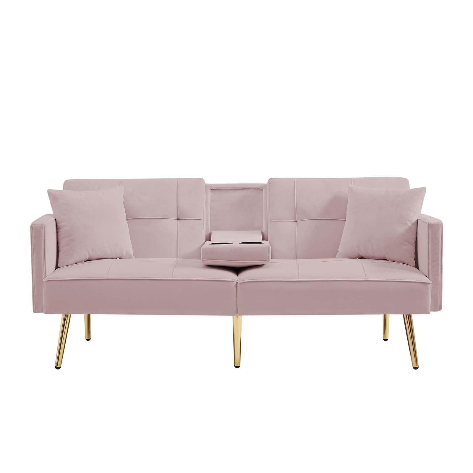 69'' Velvet Futon Sofa Bed - Modern Convertible Folding Sleeper Couch with Cup Holders & 2 Pillows, Pink Loveseat for Living Room, Apartment, Office - Perfect for Small Spaces, Guest Rooms & Multi-Functional Furniture Needs