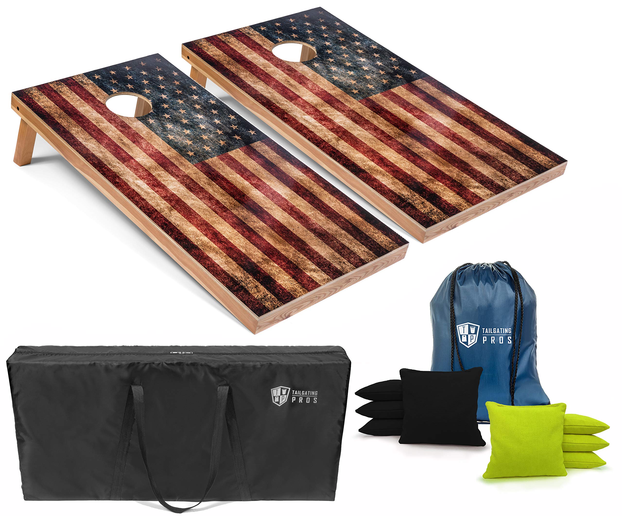 Rustic American Flag Cornhole Game Set - 4'x2' Distressed Wooden Boards with LED Ring, 8 Bean Bags & Carrying Case | Perfect for Tailgating, Backyard BBQs, and Outdoor Parties