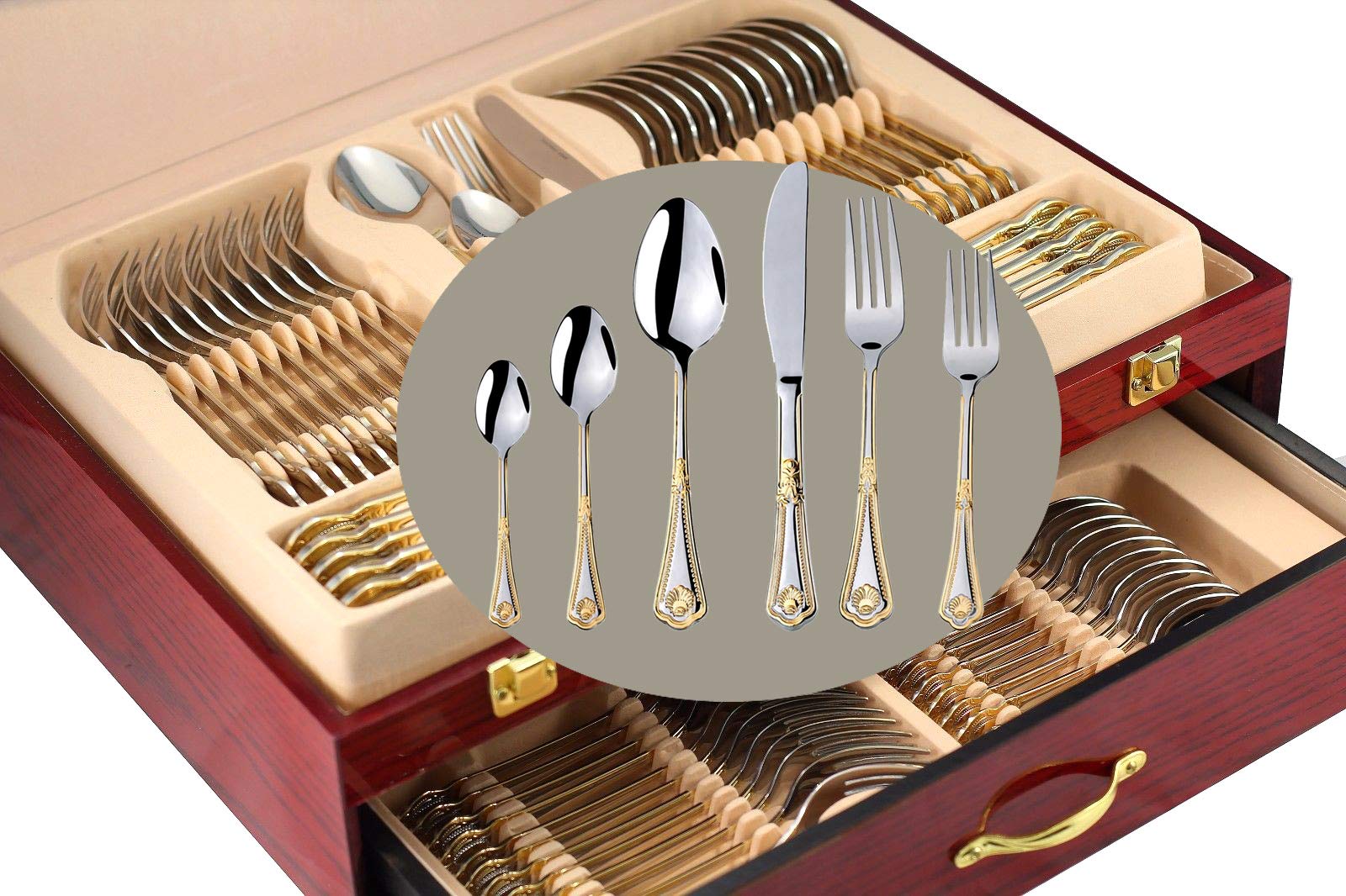 Venezia Collection 75-Piece Gold Flatware Set for 12 - 24Kt Gold-Plated 18/10 Surgical Stainless Steel Luxury Silverware Cutlery with Wooden Storage Case - Perfect for Formal Dining, Wedding Gifts & Hostess Entertaining