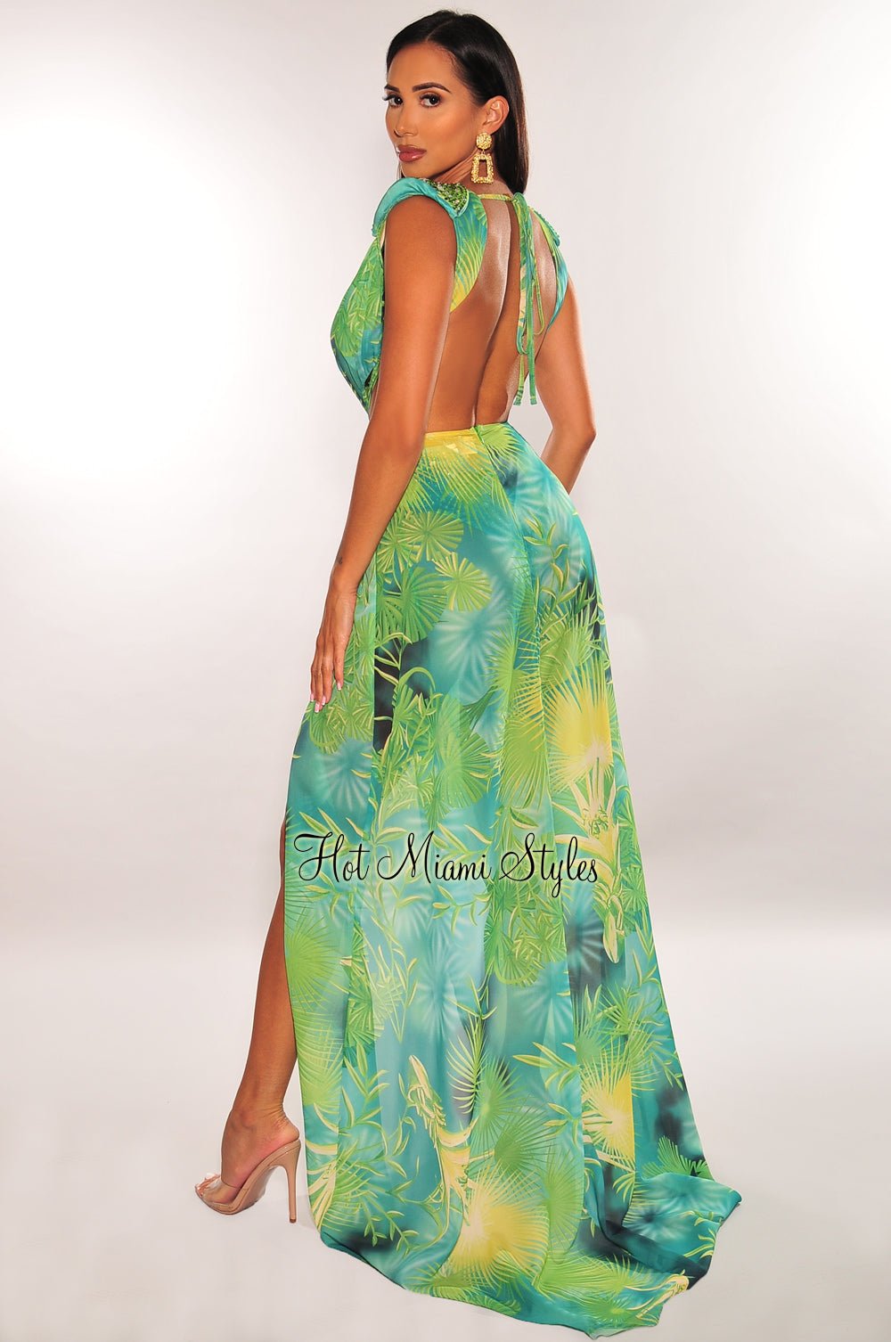 Tropical Print Plunge Studded Maxi Skirt Two Piece Set - Green Floral Summer Outfit for Beach Vacation, Music Festival & Boho Chic Fashion