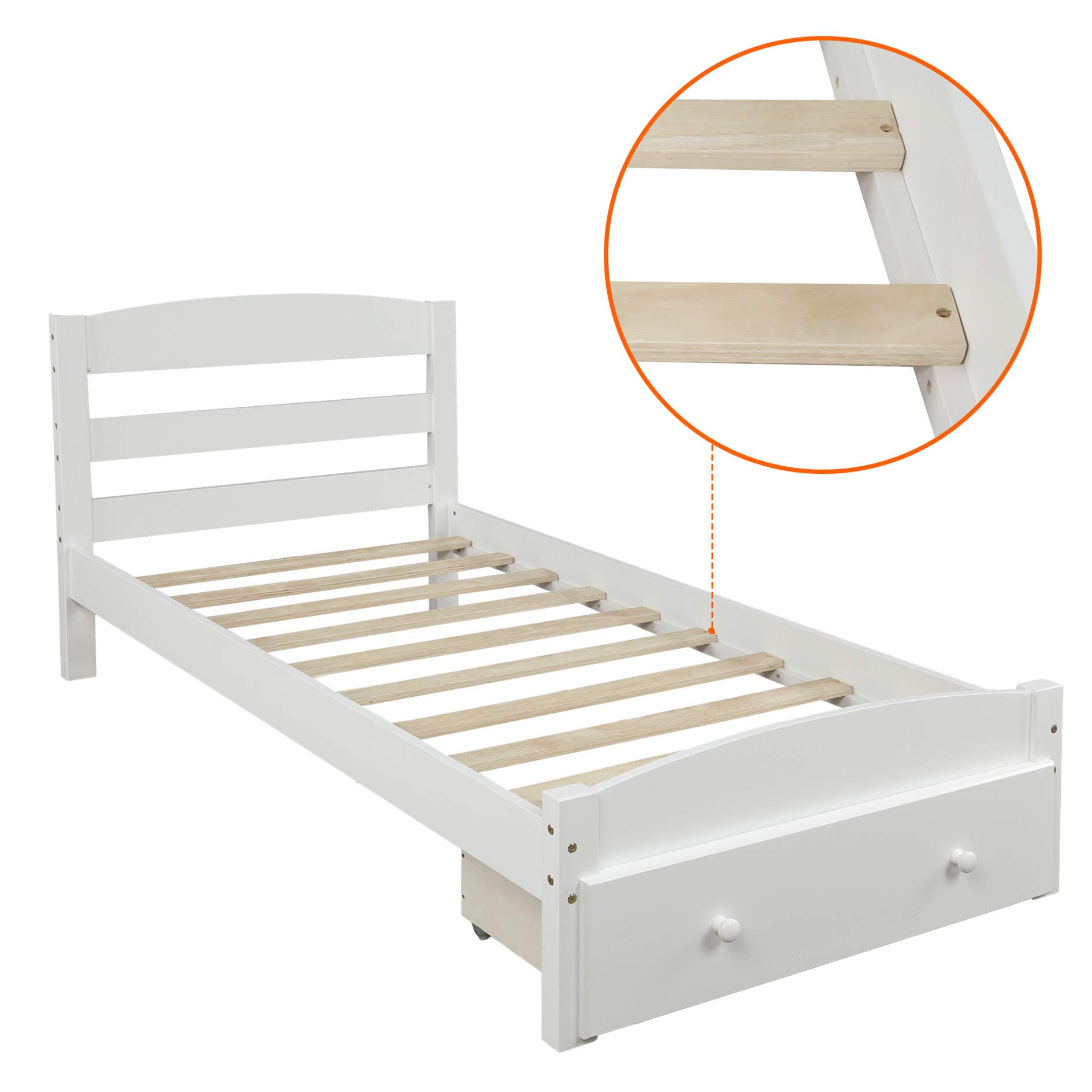 MERITLINE Twin Bed Frame with Storage Drawers - Wooden Platform Bed with Headboard & Slat Support - No Box Spring Required - White - Perfect for Small Spaces, Guest Rooms & Dormitories