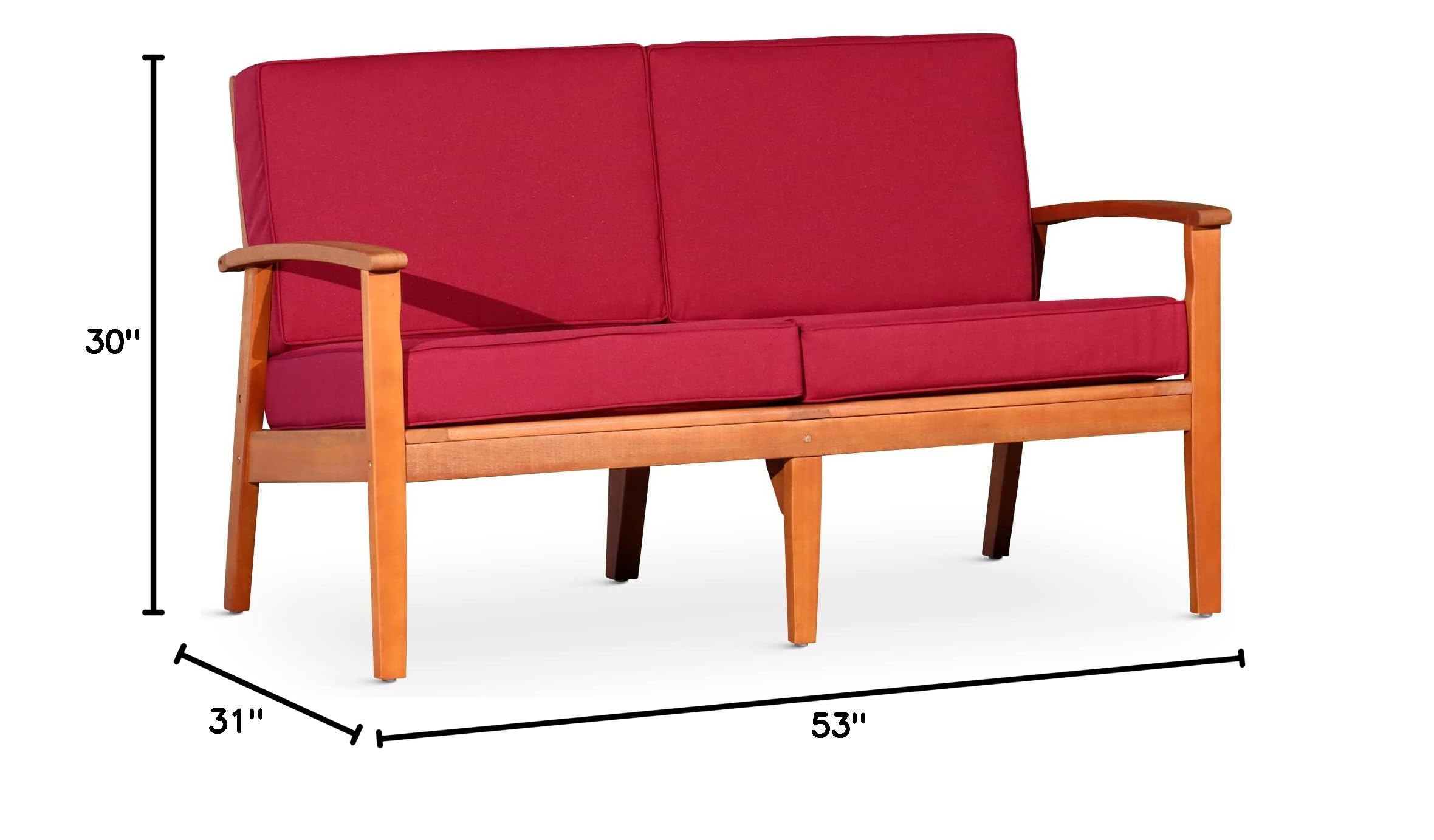 DTY Outdoor Living Longs Peak Eucalyptus Wood Loveseat with Weather-Resistant Cushions - Natural Oil Finish, Burgundy Cushion Set for Patio, Garden & Backyard Relaxation