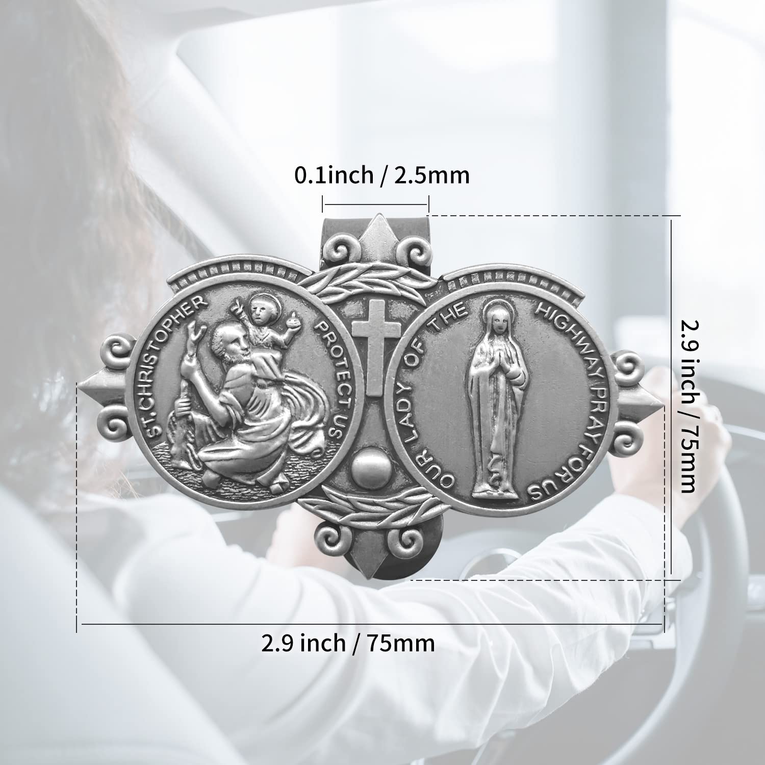 Saint Christopher Medal for Car Visor Clip - Religious Car Travel Accessories for Safe Driving - Perfect Gift for Drivers & Road Trip Protection (Saint Christopher & Our Lady of The Highway) - Ideal for Long Distance Travel, Commuting and Highway Safety