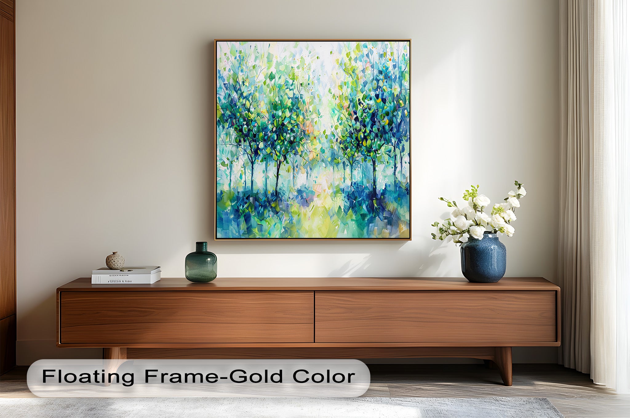 Blue & Green Forest Landscape Abstract Nature Oil Painting - Handmade Canvas Wall Art for Living Room, Bedroom & Office Decor
