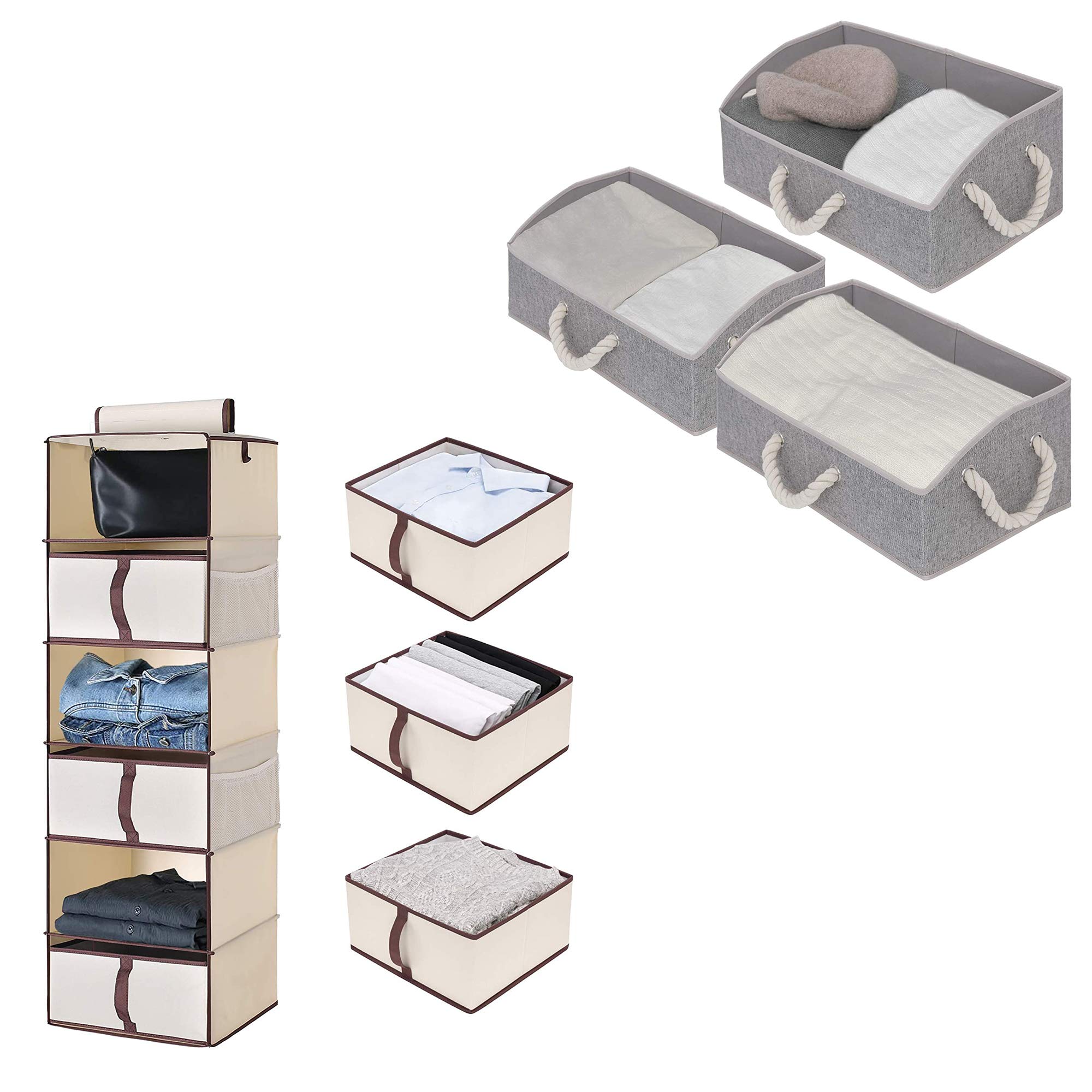 StorageWorks Hanging Closet Organizer Set with 6 Storage Bins - Space Saving Wardrobe Organizer for Clothes, Shoes & Accessories - Perfect for Bedroom, Closet & Dorm Organization
