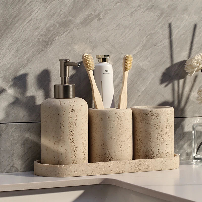 Natural Travertine Cave Stone Bathroom Accessories Set - Soap Dispenser, Toothbrush Holder & Tumbler - Spa Style Home Decor for Modern Bathrooms, Luxury Hotel Style Upgrade