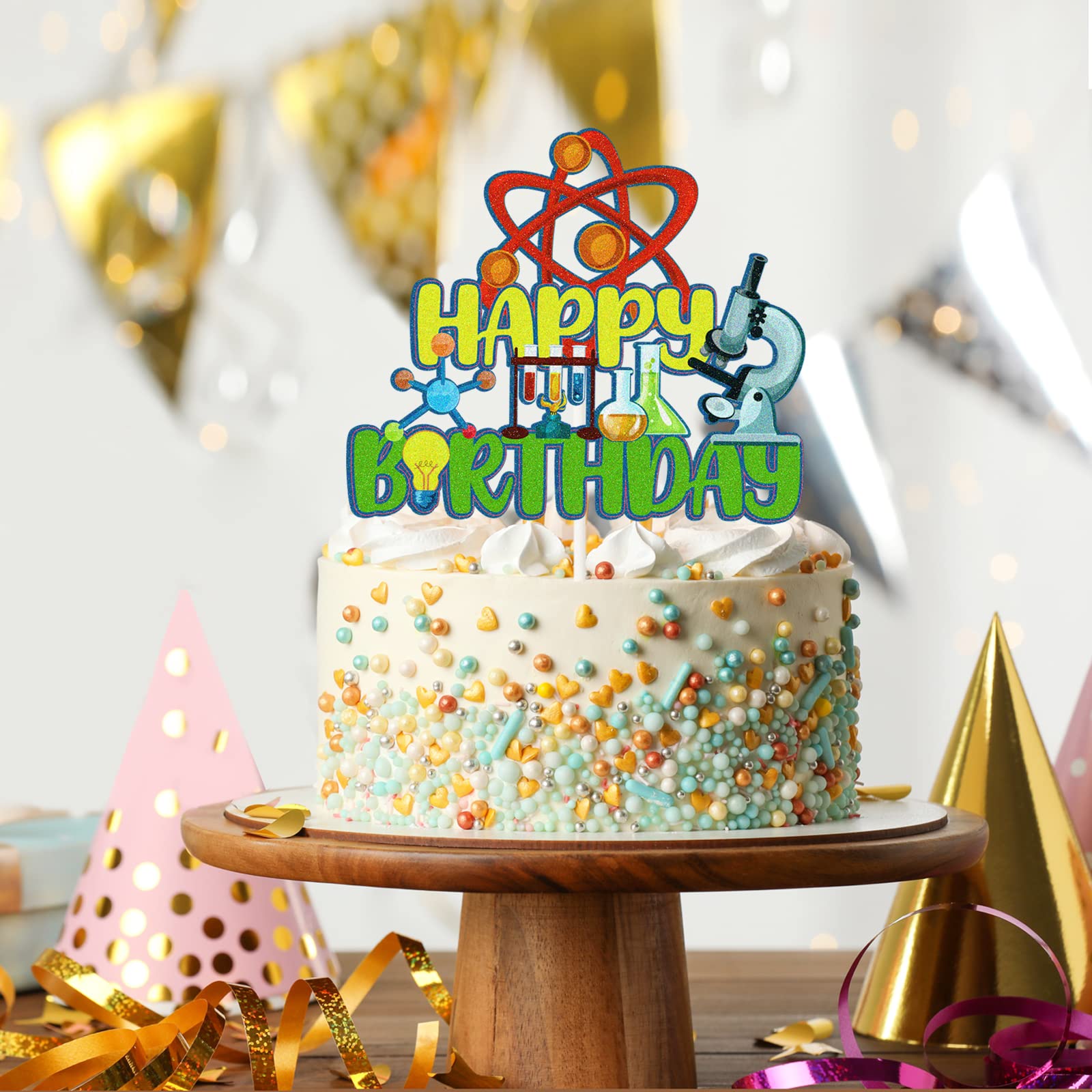 Science Theme Happy Birthday Cake Topper - Chemistry Mad Scientist Cake Decorations for Boys & Girls - Gold Party Supplies | Perfect for Birthday Cakes, Cupcakes & Science Themed Parties