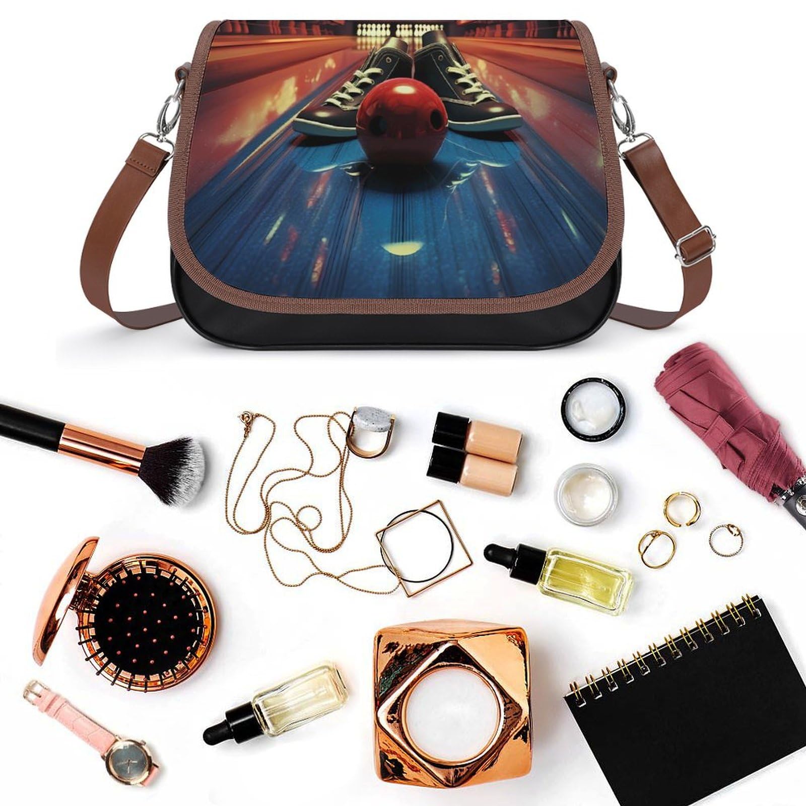 Women's PU Leather Crossbody Bag - Bowling Shoes & Balls Shoulder Purse Messenger Satchel for Sports & Casual Outings