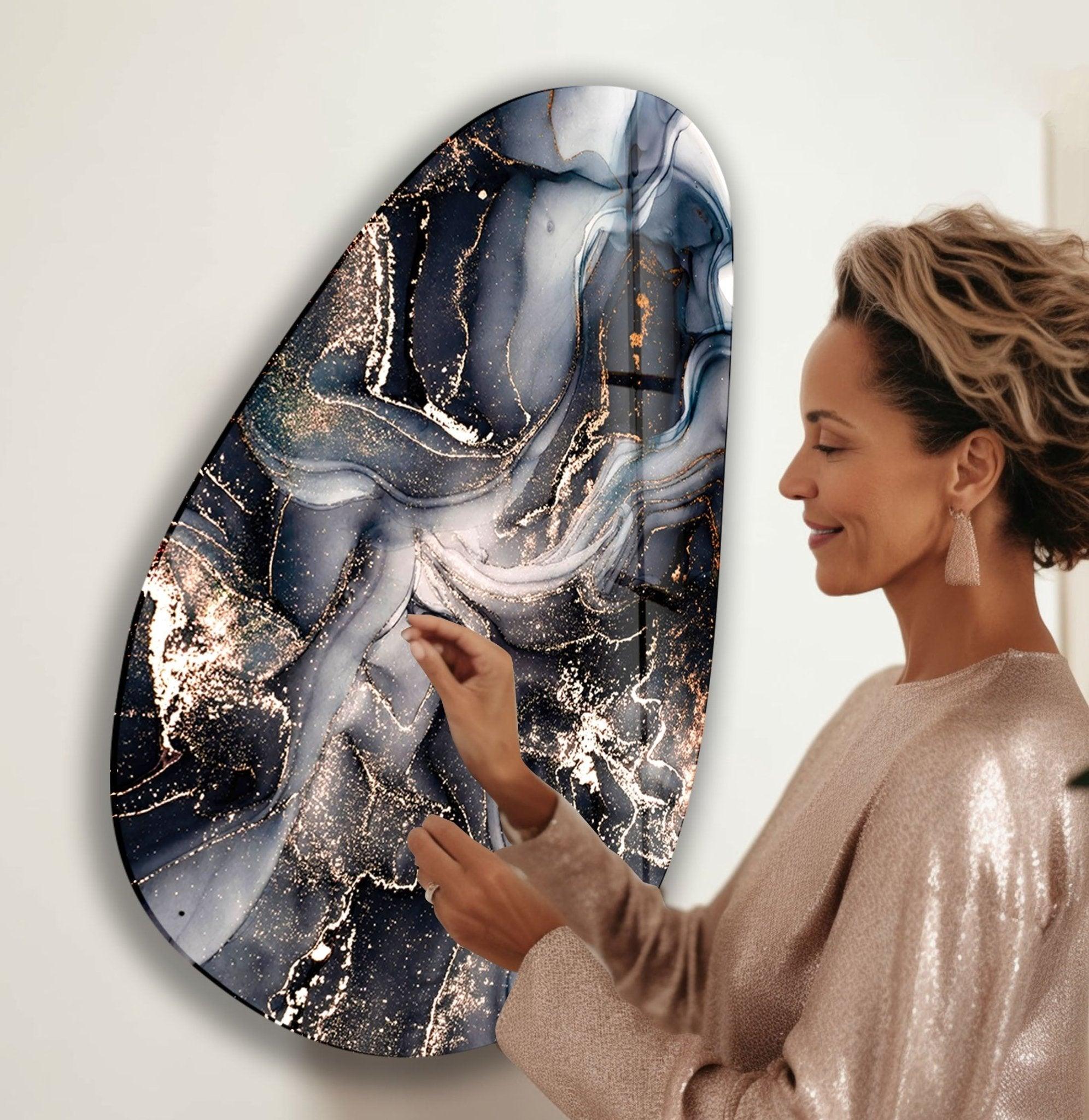 Asymmetrical Oval Black Grey Marble Glass Wall Art - Modern Abstract Home Decor for Living Room, Bedroom & Office