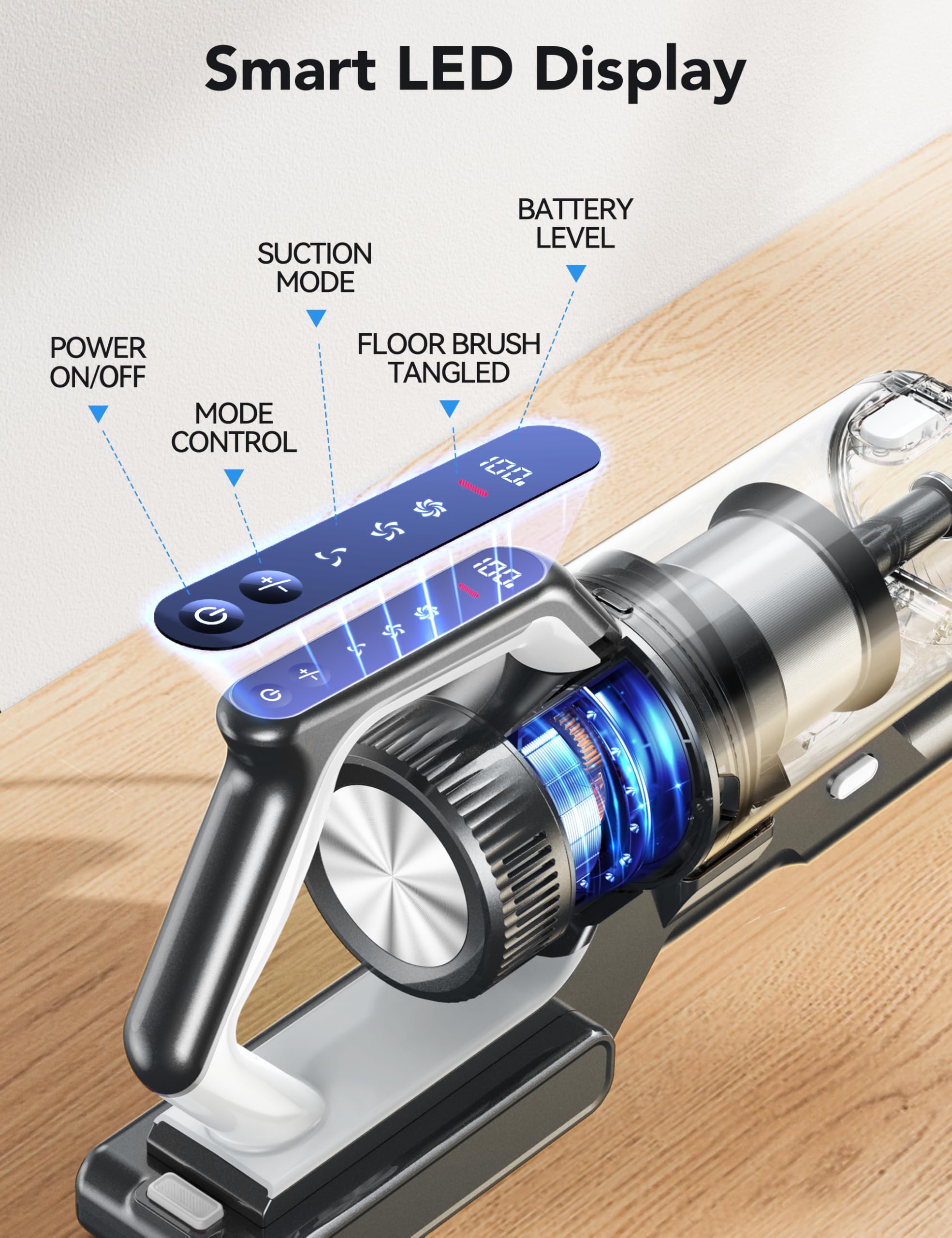 23000Pa Powerful Cordless Vacuum Cleaner Rechargeable - XL Dust Cup, LED Headlights, 45min Runtime, 3 Modes - Lightweight Stick Vac for Carpet, Hardwood Floors & Pet Hair (Black) | Perfect for Home Cleaning, Car Detailing & Pet Owners