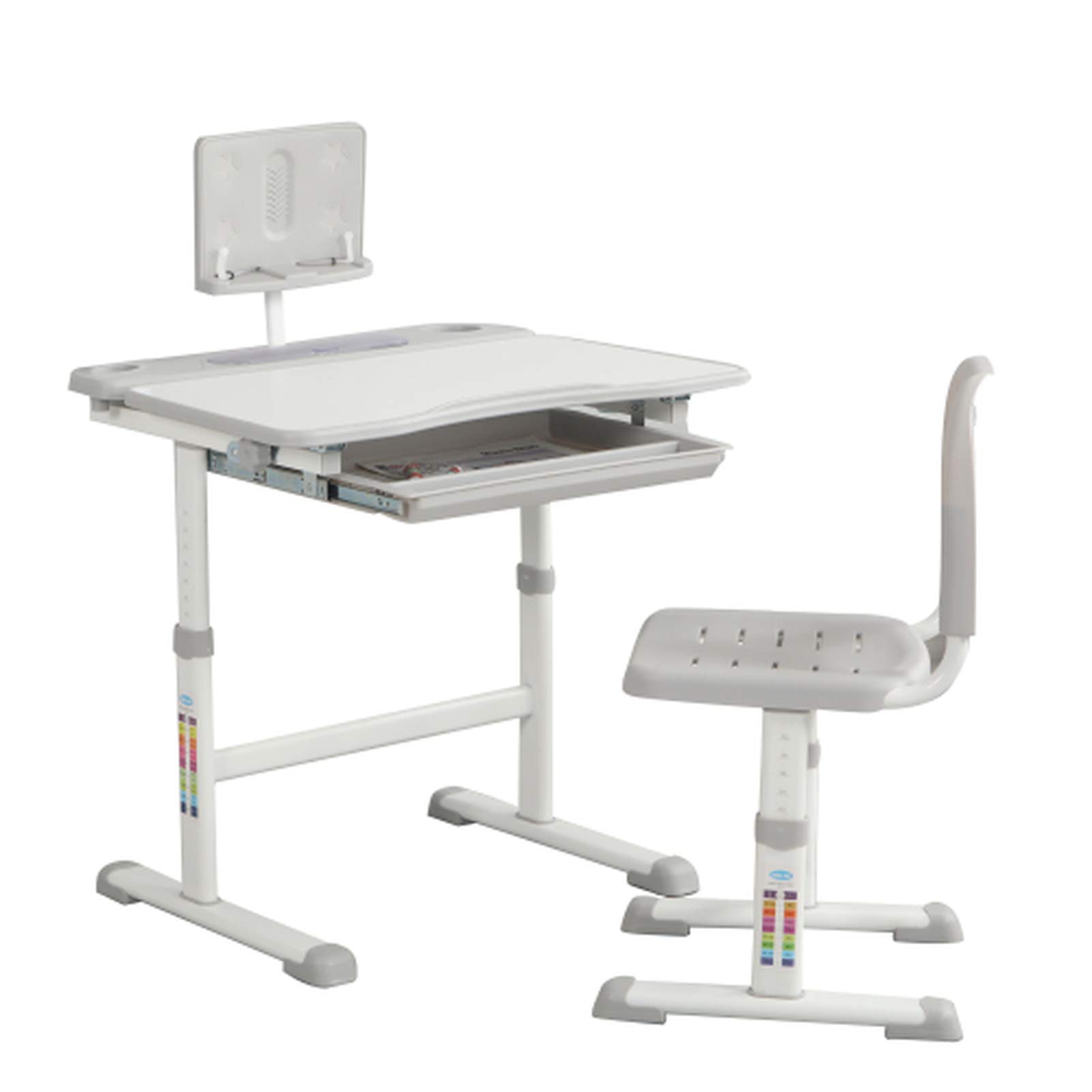 Teeker Adjustable Kids Desk and Chair Set - Height Adjustable Study Desk with Tilt Desktop, Reading Board & Pull-Out Drawer for Children's Room, Homeschooling & Learning Activities (Grey)
