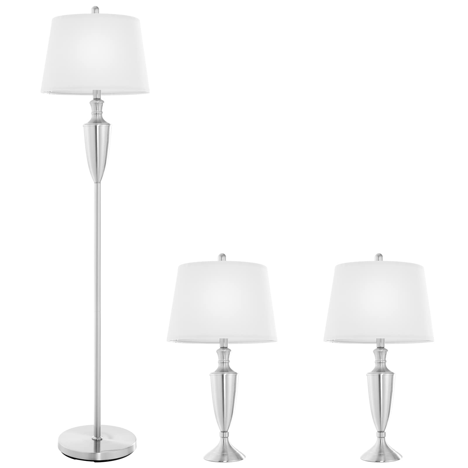 Tangkula 3-Piece Modern Lamp Set - Nickel Finish Floor Lamp & 2 Table Lamps with Weighted Base & High-Grade Lampshades | E26 Bulb Required | Perfect for Bedroom, Living Room, Office & Study Lighting Decor