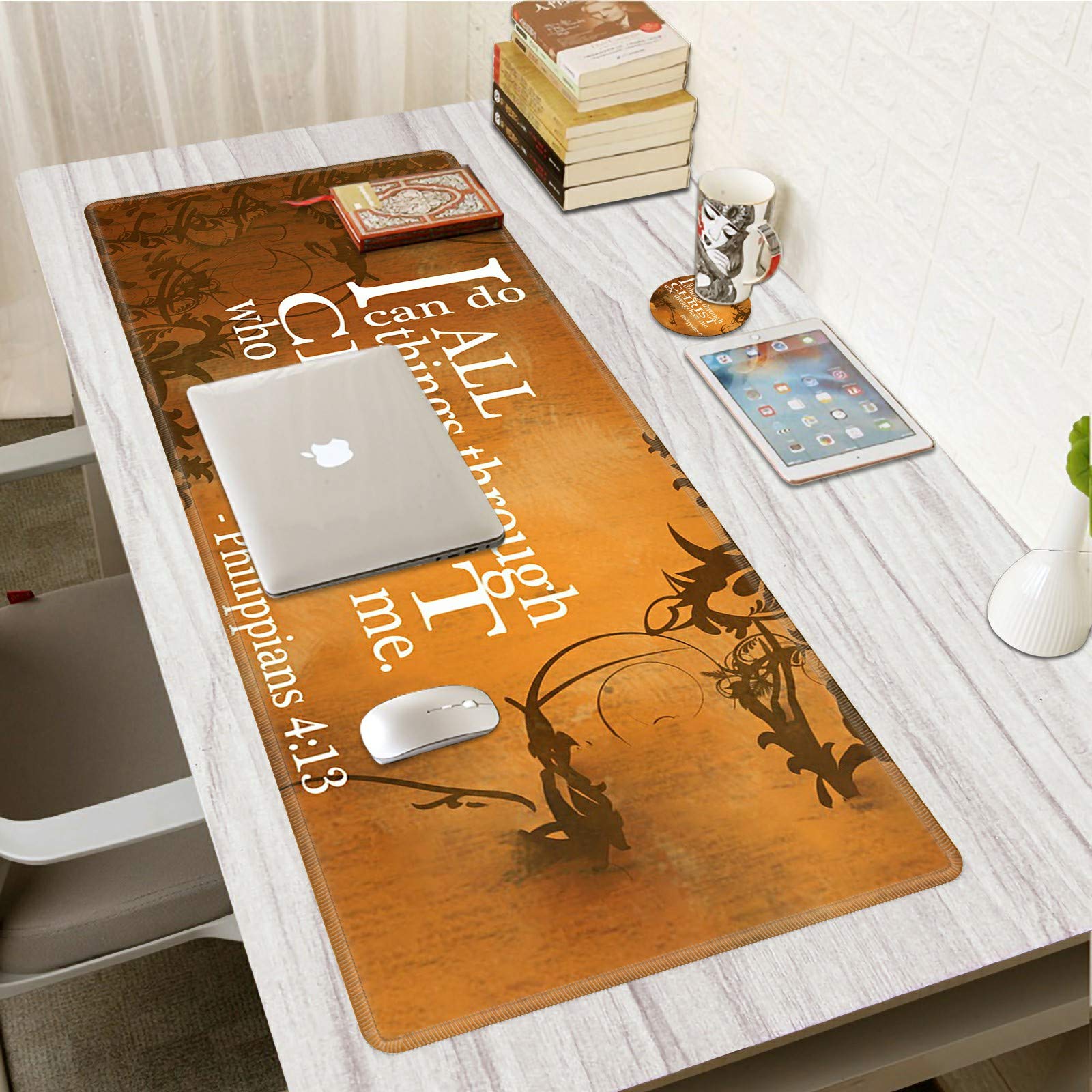 Large Gaming Mouse Pad with Stitched Edge - Extended Desk Mat for Keyboard & Mouse | Inspirational 'I Can Do All Things Through Christ' Quote | Perfect for PC, Laptop, Office & Home Decor | Non-Slip Base & Spill-Proof Coaster Included | Ideal for Gaming, Work & Study Sessions