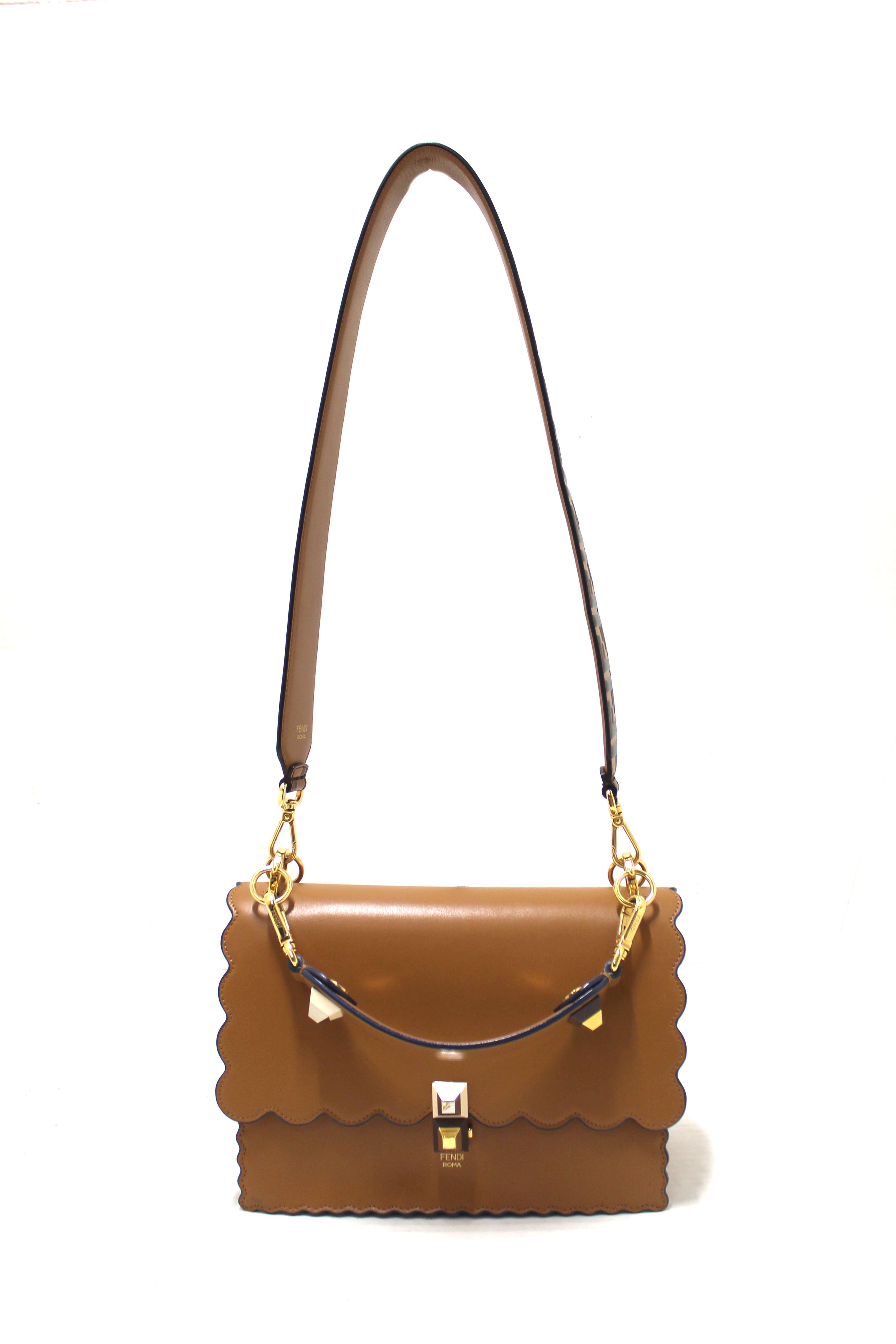 Authentic Fendi Brown Scallop Leather Mini I Kan Chain Shoulder Bag with Extra Strap - Luxury Crossbody Purse for Women, Perfect for Date Night & Evening Events