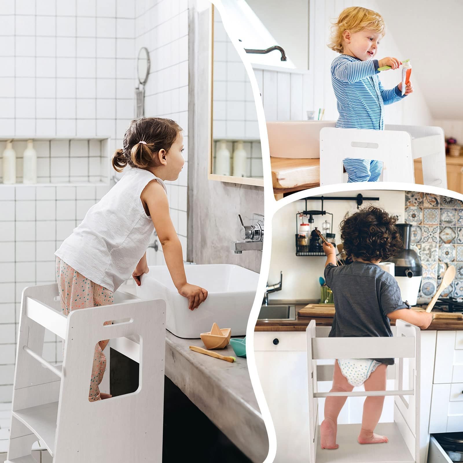 **Wooden Kitchen Step Stool for Kids & Toddlers - Adjustable Height with Safety Rail | Montessori Learning Tower for Cooking, Bathroom & Counter Access | Safe Standing Helper for Toddlers**    *(Use Cases: Perfect for helping kids safely reach sinks, countertops, and kitchen tasks while promoting independence and learning.)*