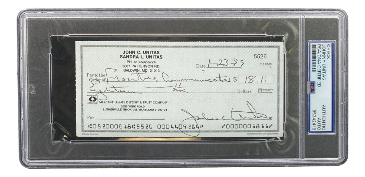 Johnny Unitas Baltimore Colts Autographed Signed Bank Check #5526 PSA Certified - Rare Football Memorabilia for Collectors & Sports Fans Display