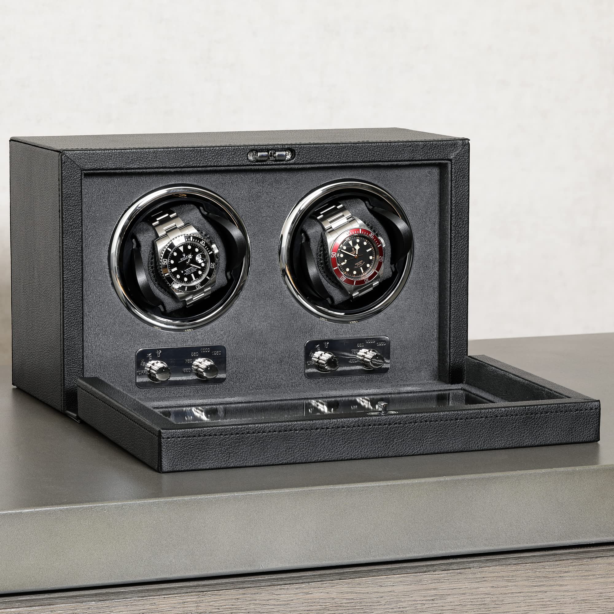 ROTHWELL Automatic Double Watch Winder - Quiet Motor, 3 Speed Settings & Adjustable Rotation - Perfect for Luxury Watch Storage & Display (Black/Grey) - Ideal for Home, Office or Travel Use