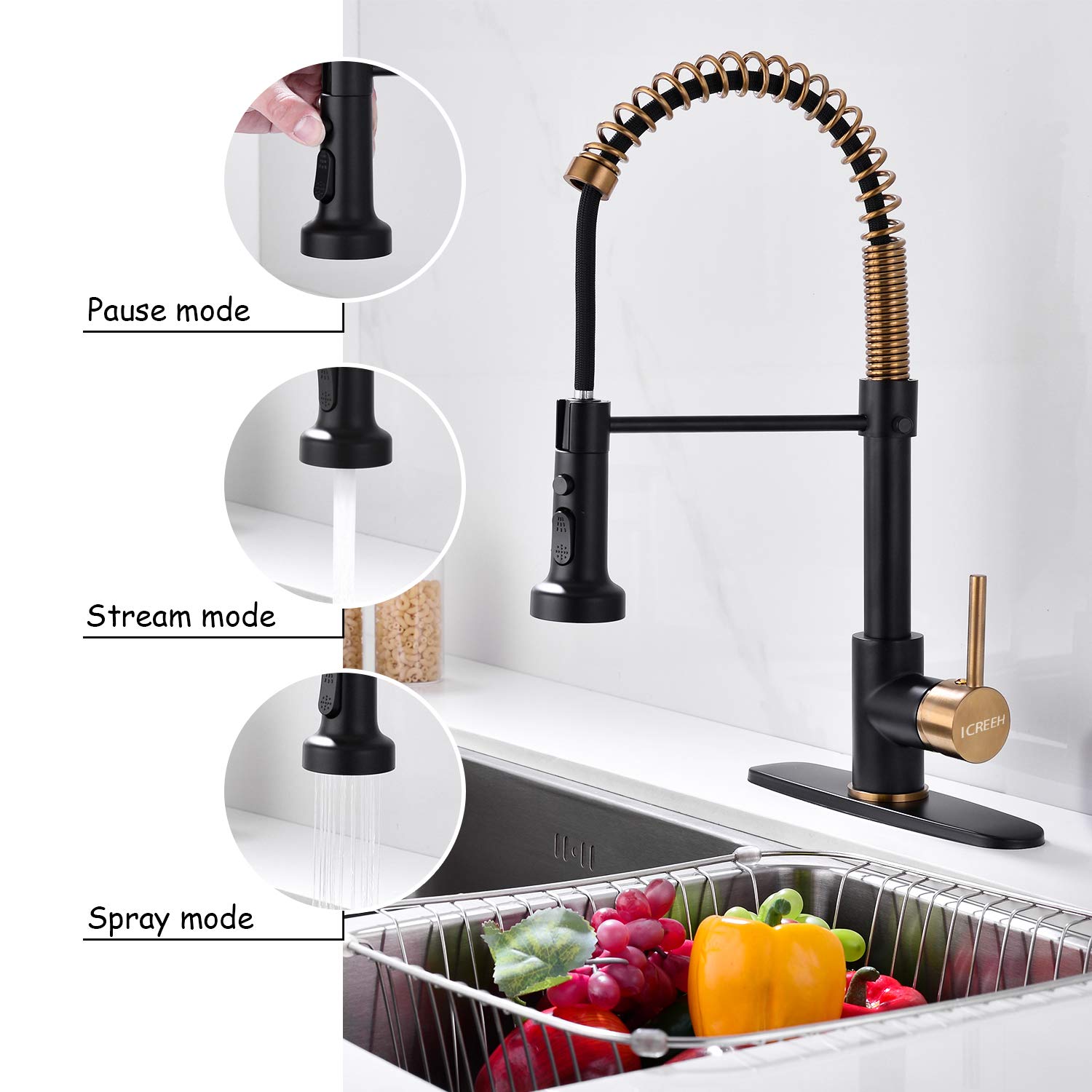 Matte Black and Gold Kitchen Faucet with Pull Down Sprayer - Commercial Single Handle Spring Faucet for Kitchen Sink - Durable Matte Finish - Perfect for Modern & Luxury Kitchens, Restaurants & Coffee Shops