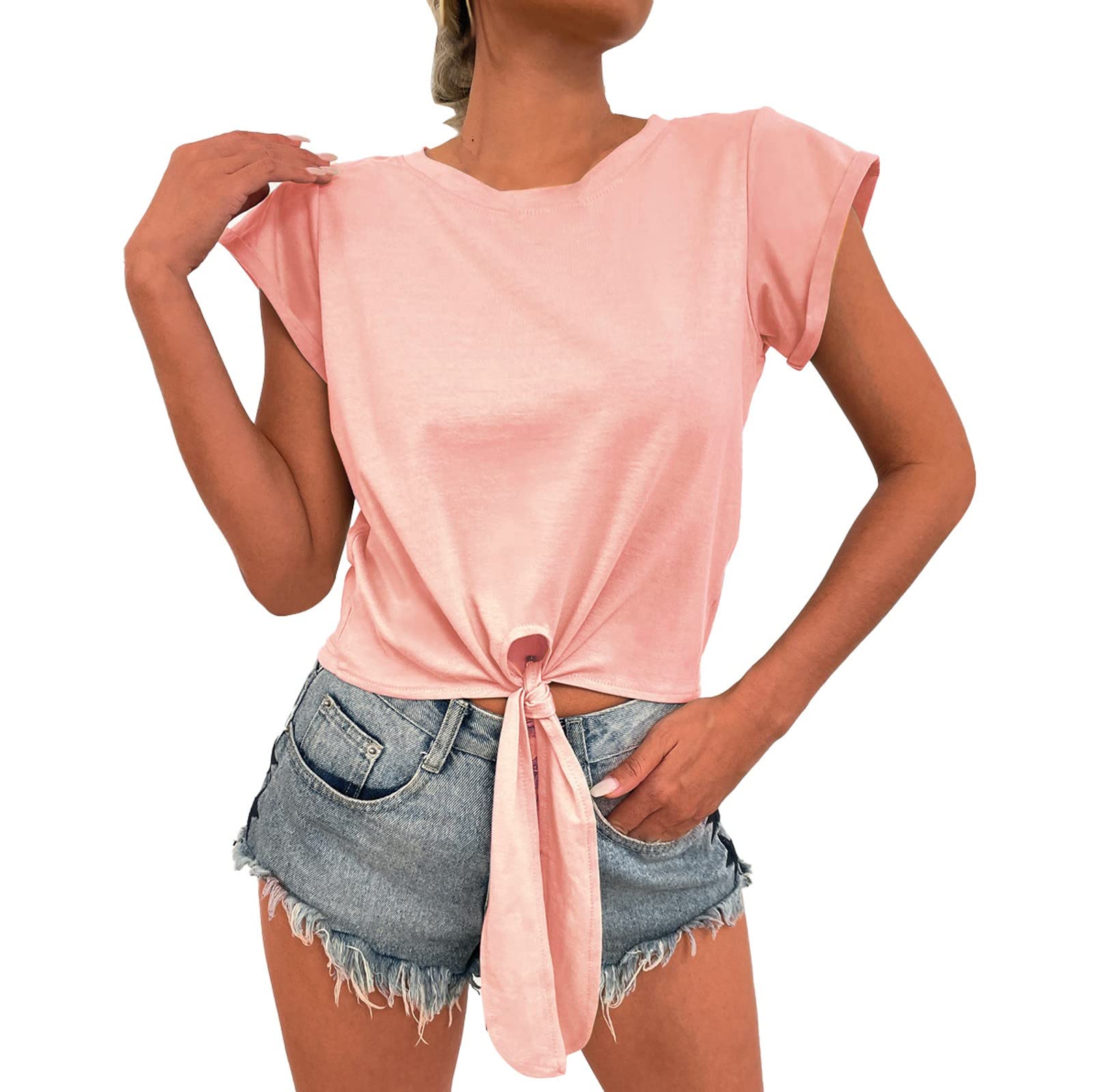 Elegant Women's Solid Color Lace-Up Short Sleeve T-Shirt - Sexy Fashion Top for Casual Wear & Summer Outfits | Size Small