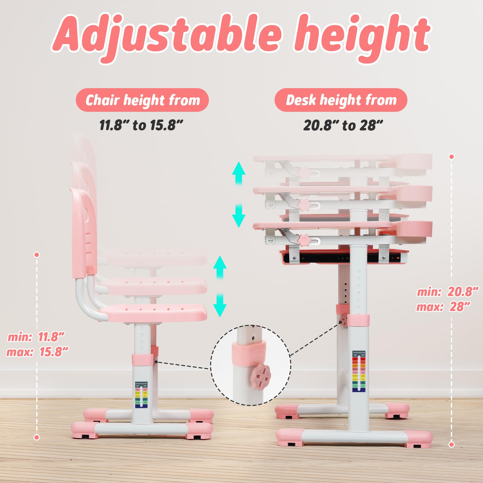 Adjustable Height Kids Desk and Chair Set with Storage - Multifunctional Study Desk for Boys & Girls, Tilt Desktop for Reading, Writing & Drawing - Perfect for Homeschooling & Online Learning (Pink)
