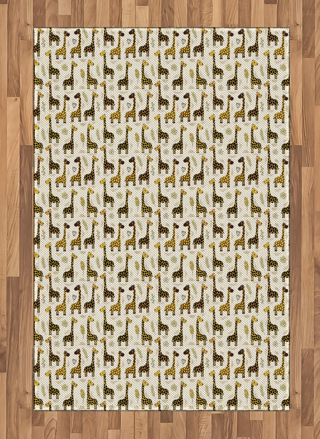 Ambesonne Giraffe Print Area Rug - Exotic Jungle Animal Pattern with Floral Leaf Design, 4'x5'7
