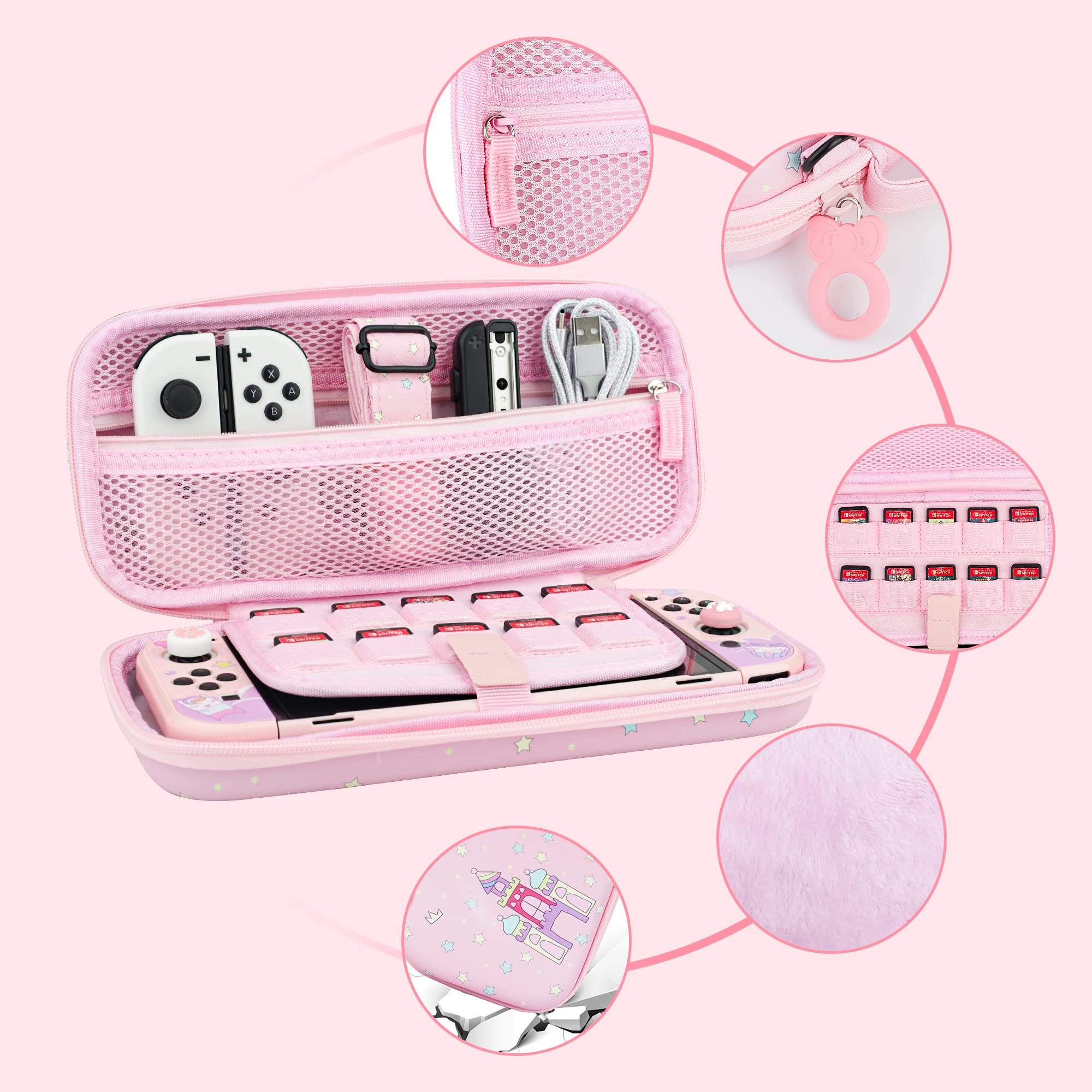 GLDRAM Nintendo Switch OLED Carrying Case - Pink Anime Design with Hard PC Shell, Screen Protector, Thumb Grips & Shoulder Strap | Travel Protection Bundle for Girls | Perfect for Gaming On-The-Go, Commuting & Travel Accessories