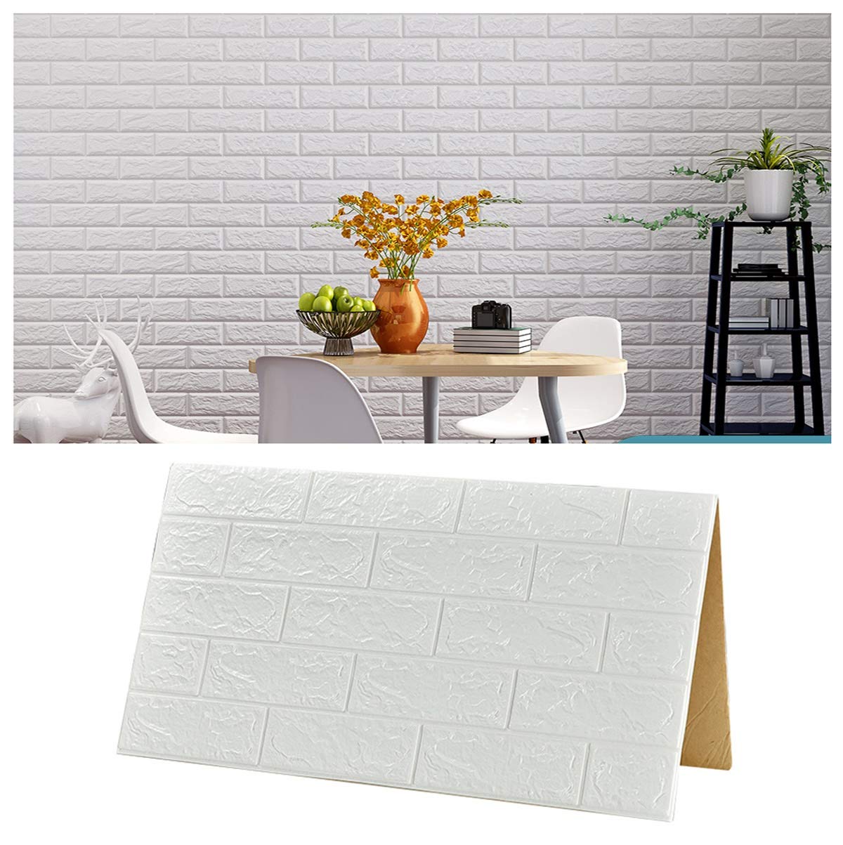 3D Brick Wallpaper Peel and Stick - Removable Faux Brick Wall Stickers (10 Pack White) for Living Room, Bedroom & Home Office - Easy DIY Wall Decor for Accent Walls and Feature Spaces