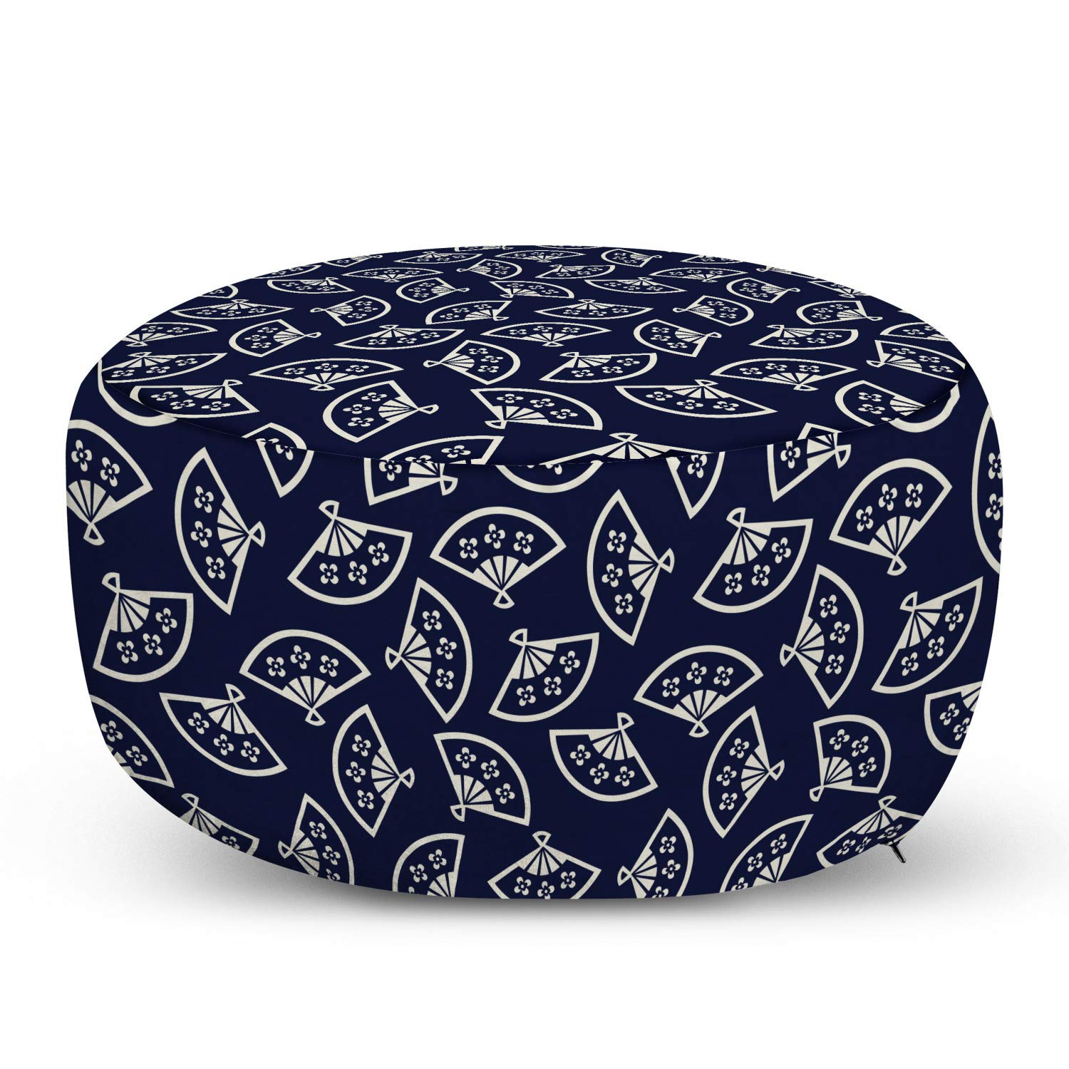 Ambesonne Geometric Ottoman Pouf - Hand Fan Pattern Oriental Design Foot Rest with Removable Cover | Dark Blue & Cream | Living Room, Bedroom & Dorm Decor | Perfect for Relaxing, Reading & Extra Seating