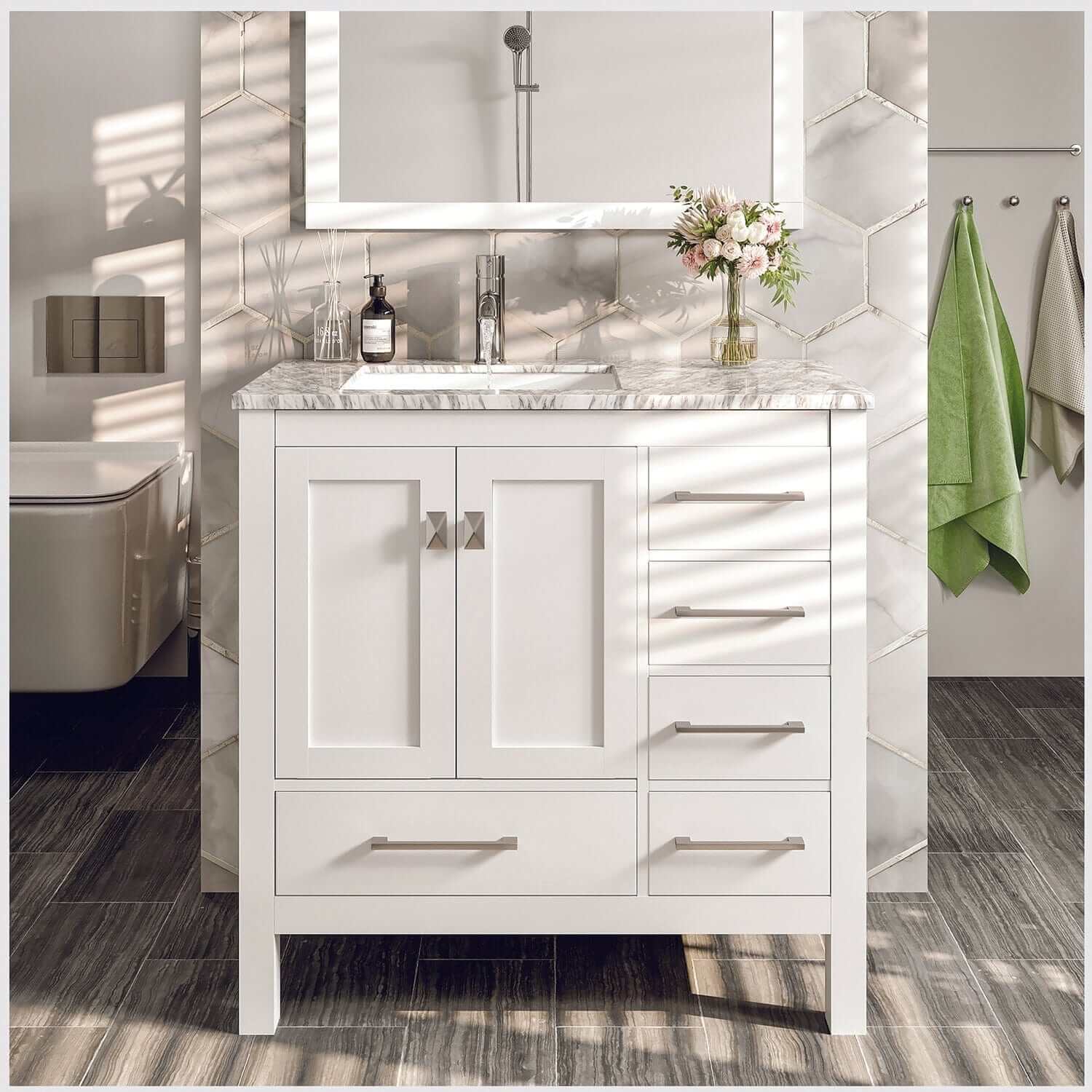 Eviva London 36 x 18 Inch White Transitional Bathroom Vanity with White Carrara Marble Top - Modern Bathroom Storage Solution for Small Spaces