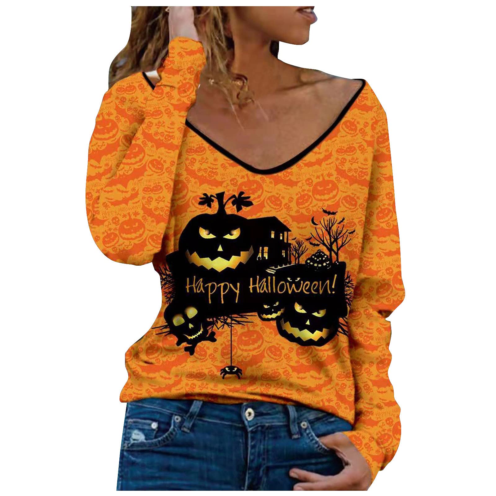 Women's Long Sleeve V-Neck T-Shirt - Fall Pumpkin Print Blouse - Soft Casual Black Top for Everyday Wear | Perfect for Autumn Outfits, Office Attire & Weekend Comfort