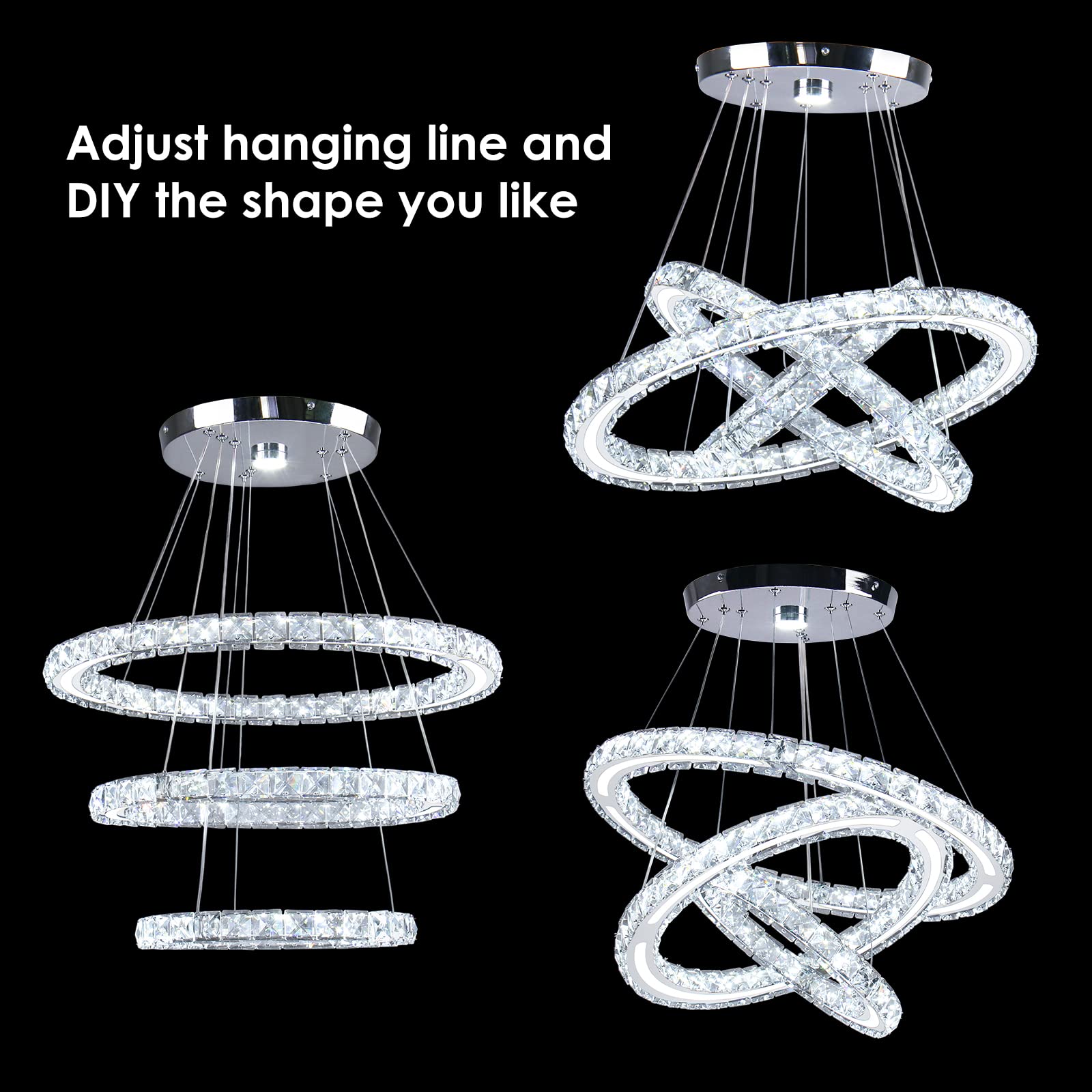 Modern LED Crystal Chandelier - 3 Ring Adjustable Ceiling Light Fixture with Cool White LEDs for Living Room, Dining Room, Bedroom & Hallway | Elegant Home Lighting for Parties, Weddings & Interior Decor