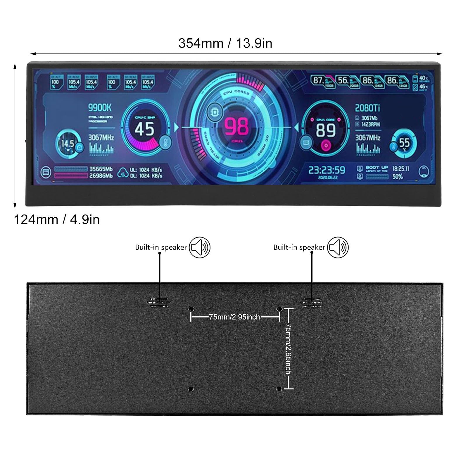 14 Inch LCD Secondary Display - Real-Time CPU GPU Temperature Monitor with Stretched Bar Design | Professional Computer Accessories for Gaming, Streaming & Workstation Setups