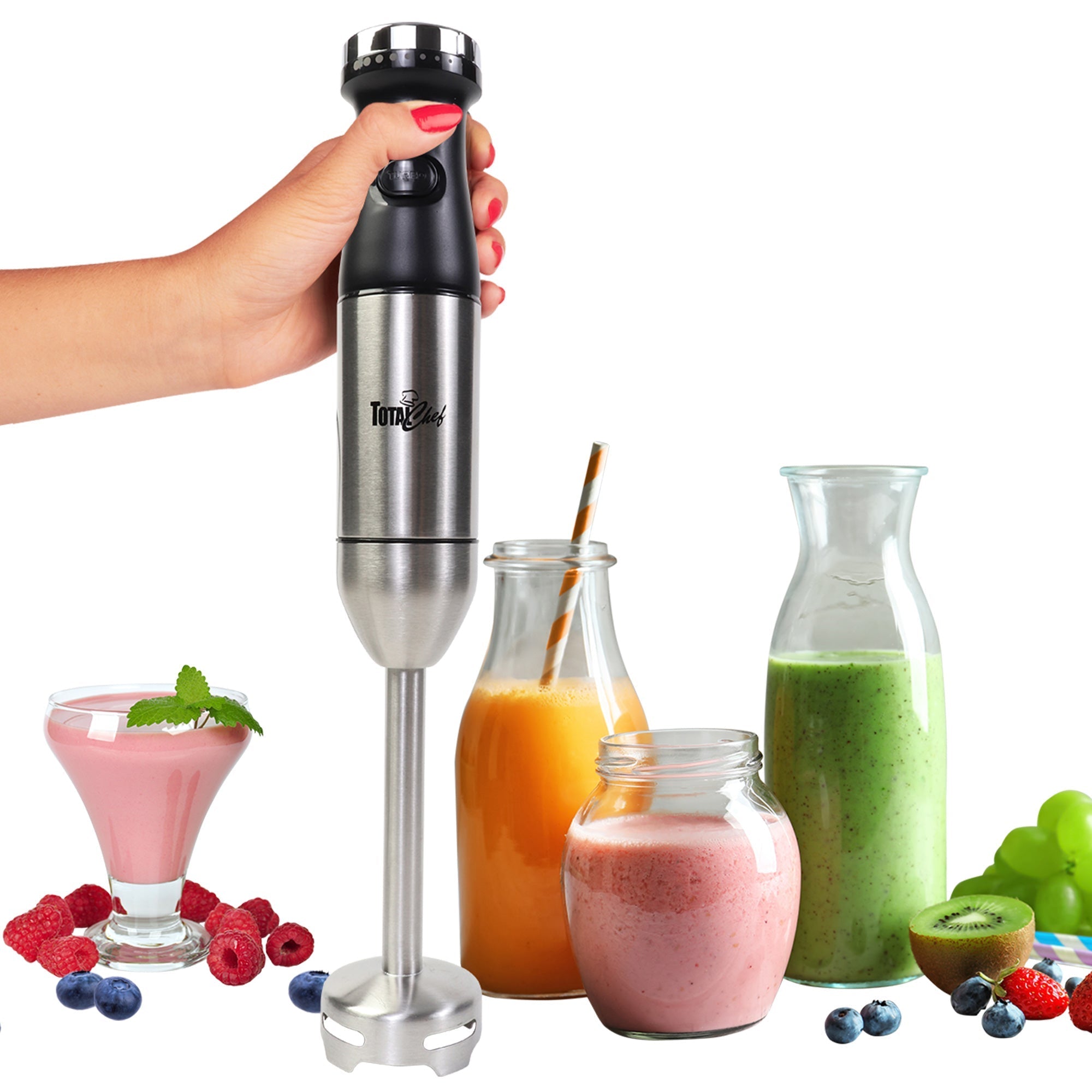 Total Chef 225W Variable Speed Hand Blender with Turbo Boost - Stainless Steel Immersion Blender for Soups, Smoothies, Dips - Ergonomic Black & Silver Design - Perfect for Kitchen, Baby Food, and Meal Prep - Easy to Clean