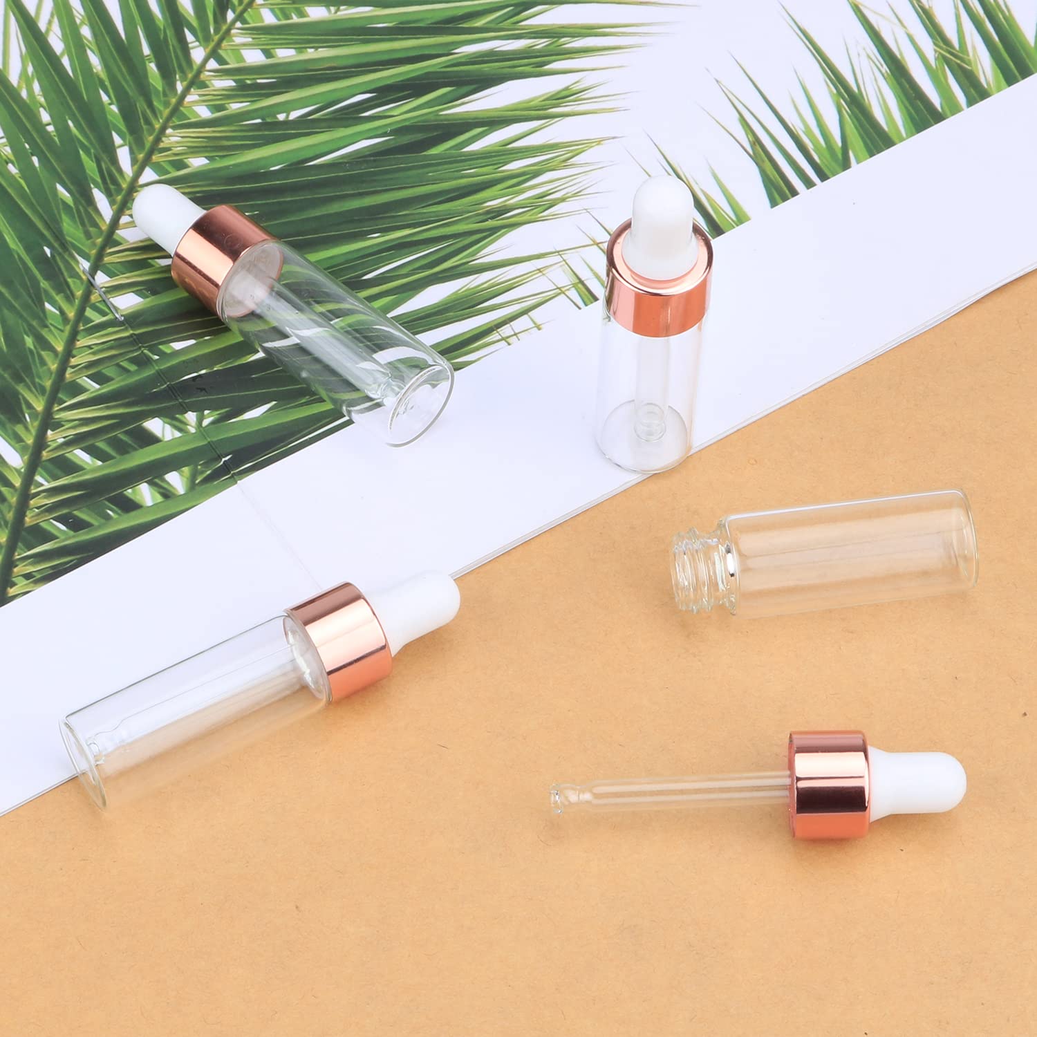 50 Pack Clear Glass Dropper Bottles with Rose Gold Lids - 5ml (1/6oz) Essential Oil Bottles, Perfume Sample Vials, DIY Cosmetic Containers - Includes 2 Pipettes for Travel, Aromatherapy & Skincare Storage
