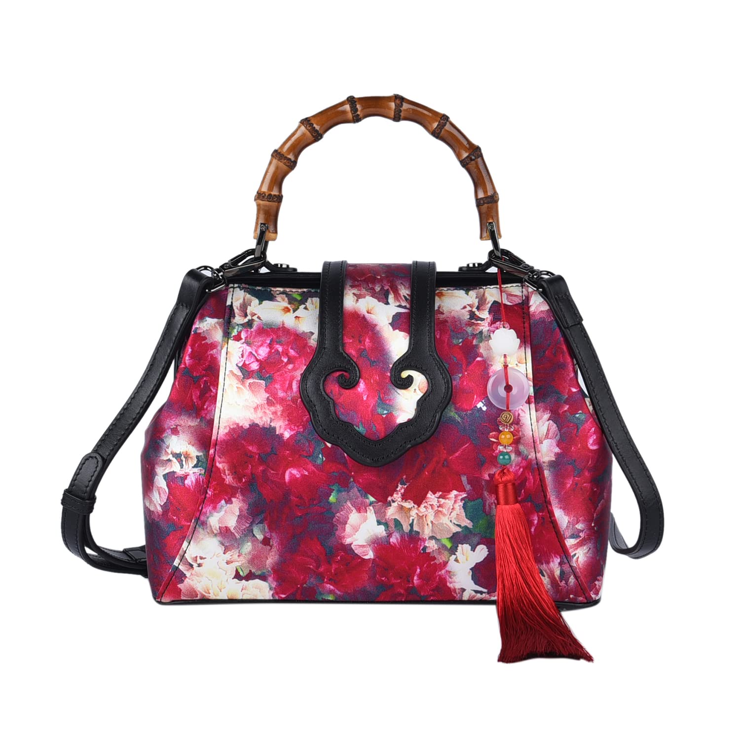 Shop LC Women's Fashion Tote Bag - Floral Silk & Genuine Leather with Bamboo Handle | Mother's Day Gift Ideas | Perfect for Work, Travel & Everyday Use