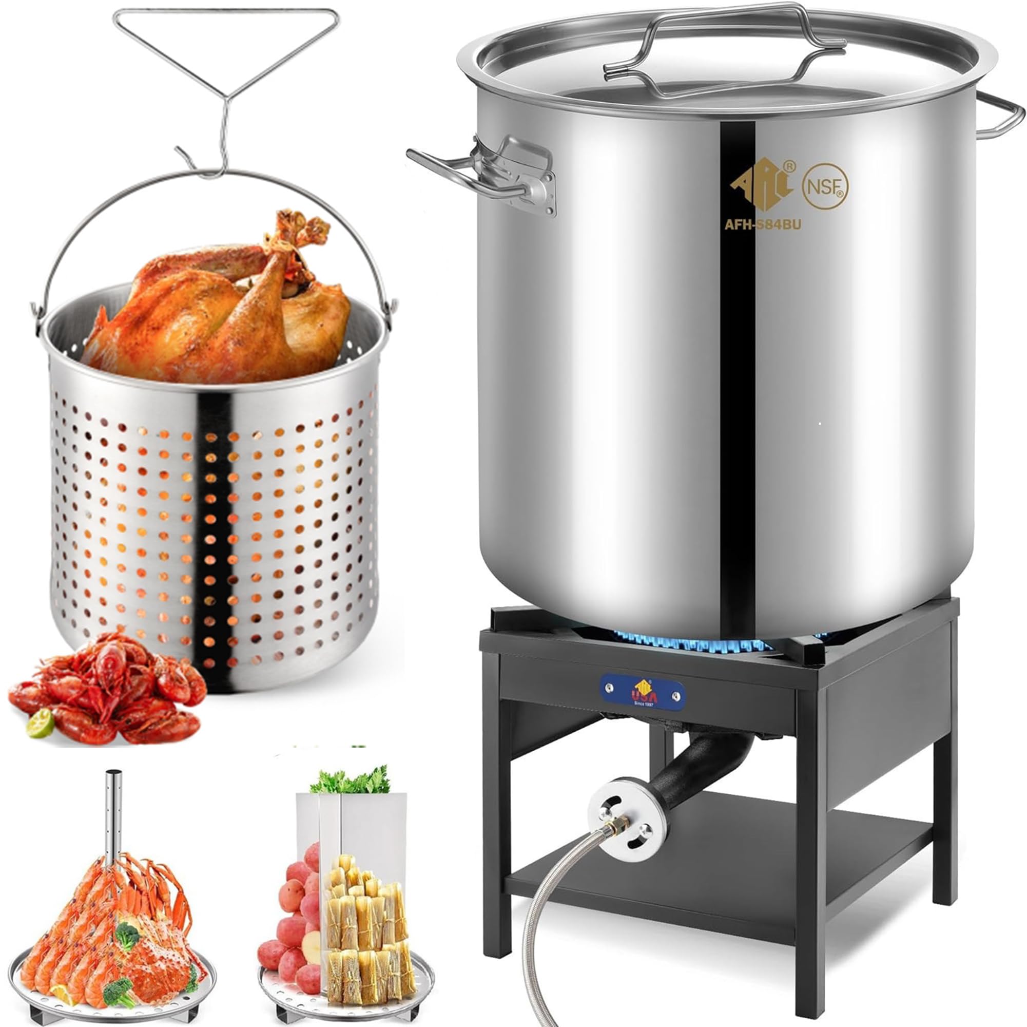 84QT Stainless Steel Propane Fryer Pot with 200,000BTU Burner - Seafood Boil, Crab, Lobster, Shrimp Cooker & Tamale Steamer with Basket - Perfect for Outdoor Cooking, Backyard Parties, and Large Gatherings