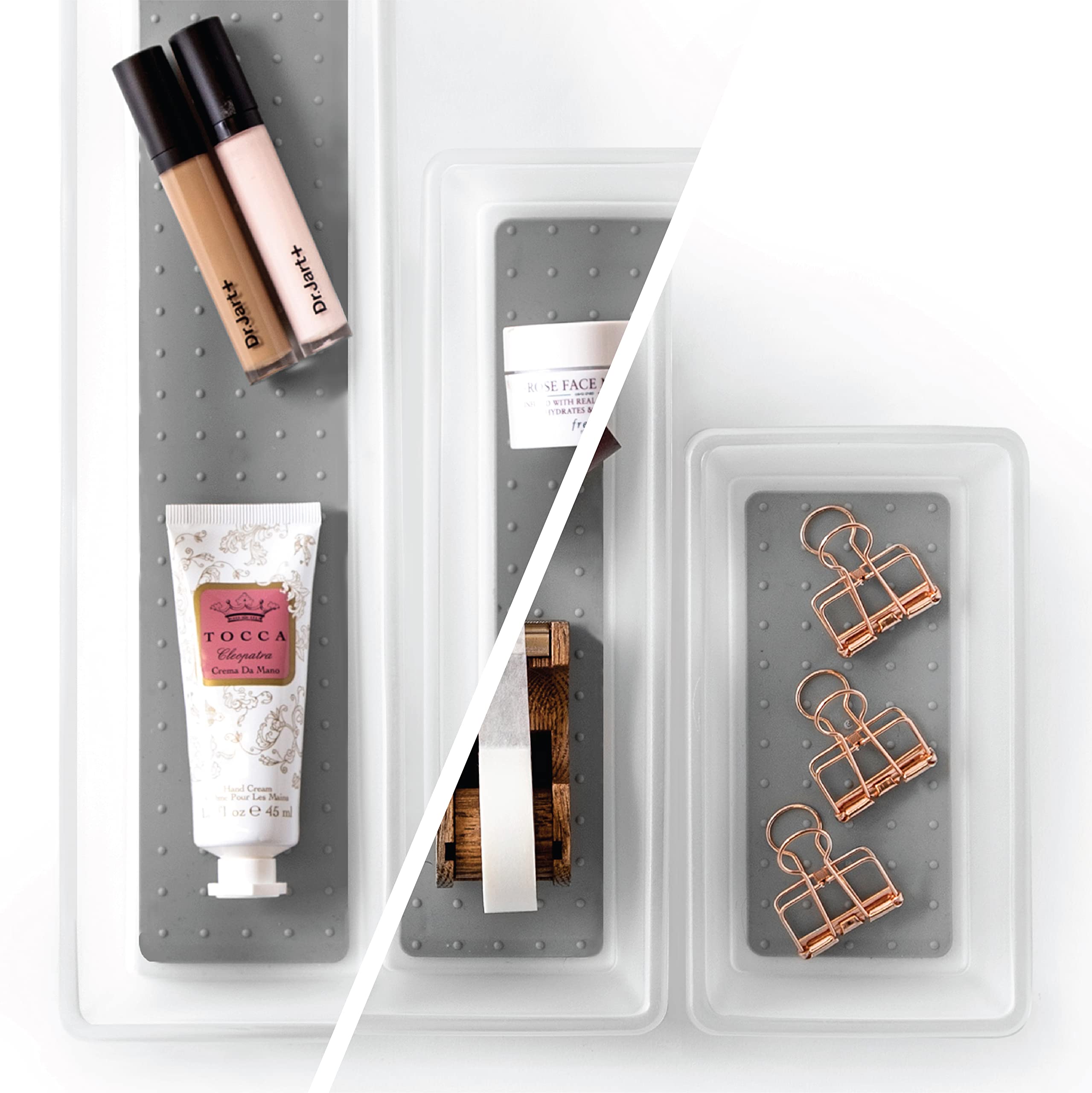 BINO 3-Piece Small Drawer Organizer Set with Non-Slip Base - Frosted Modular Storage Bins for Desk, Vanity & Bathroom | Soft-Grip Lining & BPA-Free | Perfect for Office Supplies, Makeup & Jewelry Organization