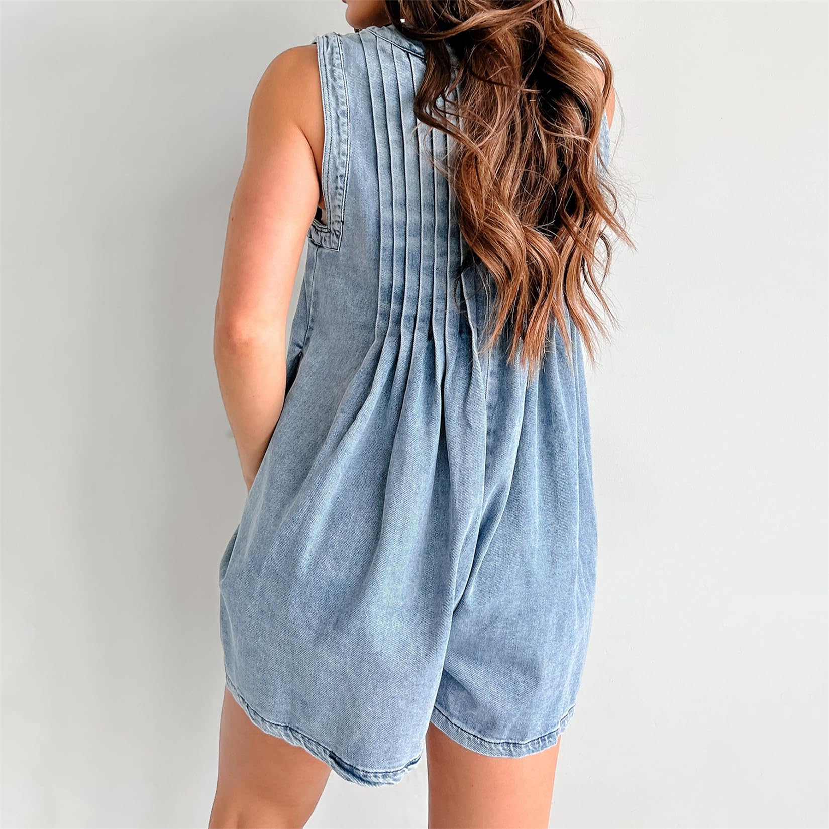 Y2K Women's Cute Tie Front Denim Romper - Sleeveless V-Neck Loose Fit Pleated Jean Shorts with Pockets | Trendy Summer Outfit for Casual Wear, Beach Vacation & Music Festivals