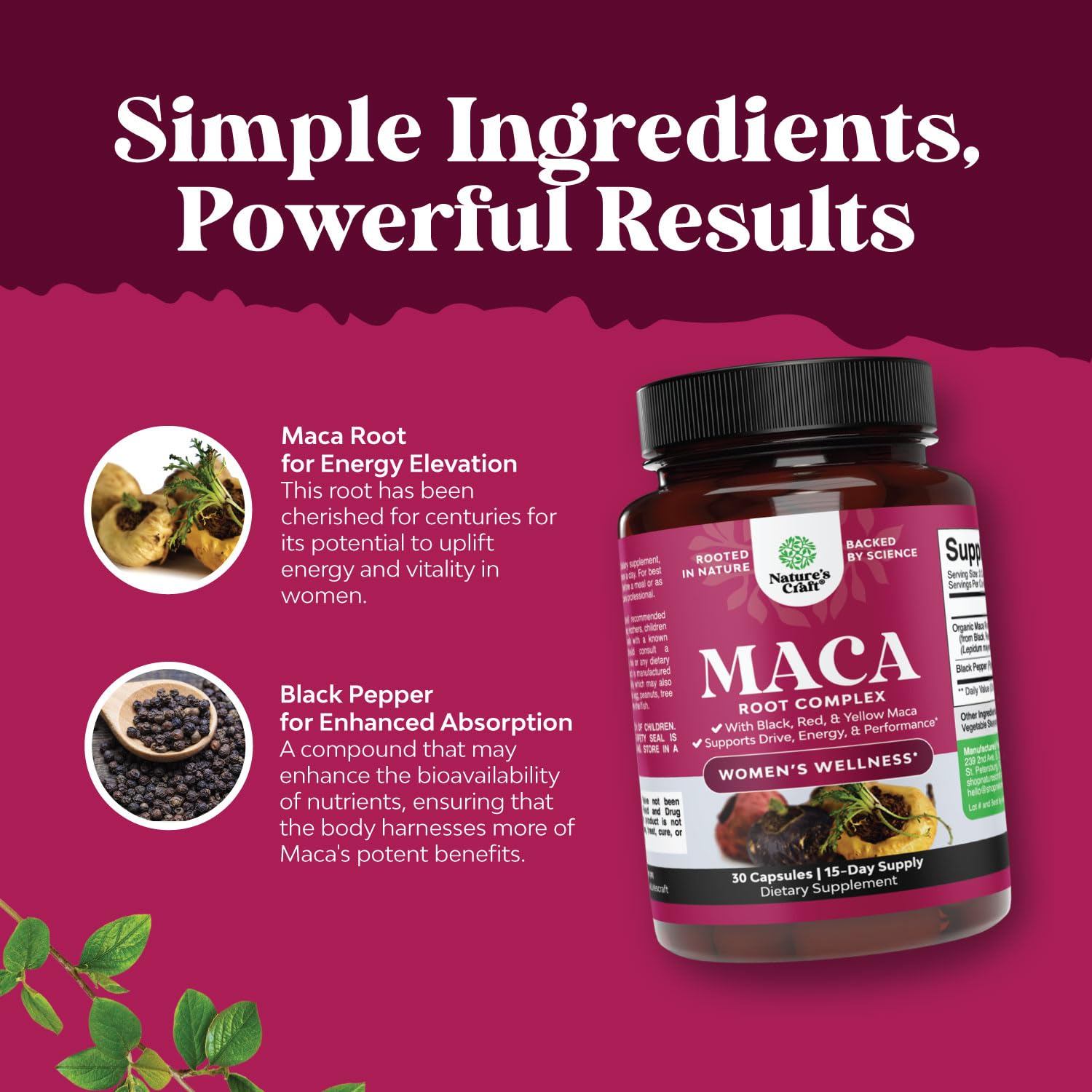 Organic Maca Root Capsules for Women - Natural Energy & Hormone Balance Supplement with Red, Yellow & Black Maca Blend - Non-GMO, Vegan, Gluten-Free - 30 Count - Perfect for Daily Wellness & Menopause Support