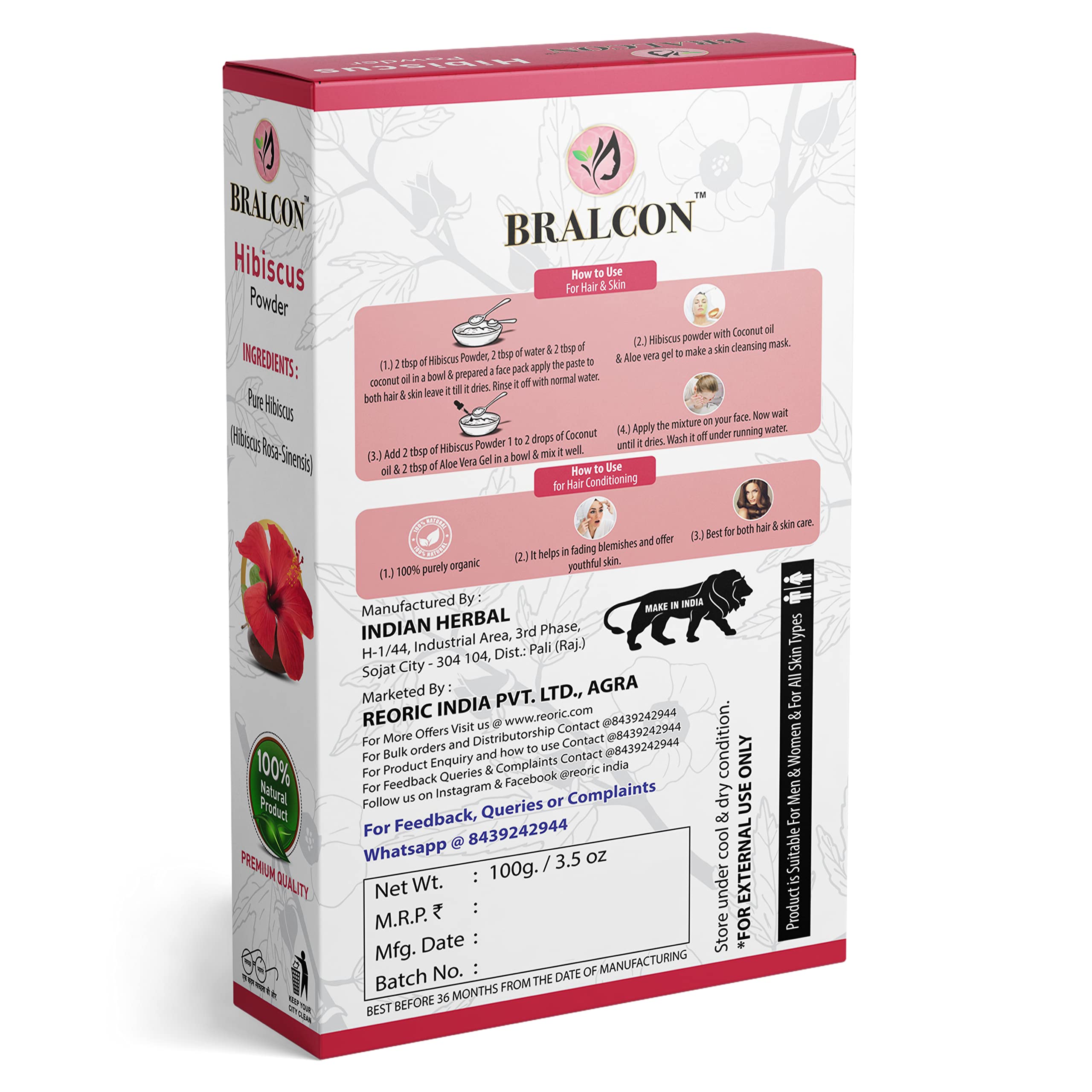 BRALCON Organic Amla Powder & Hibiscus Powder Combo - 200g (100g x 2) | 100% Pure Natural Indian Gooseberry & Hibiscus Powder for Hair Growth, Hair Care & Skin Care | DIY Hair Masks, Scalp Treatment & Natural Beauty Recipes