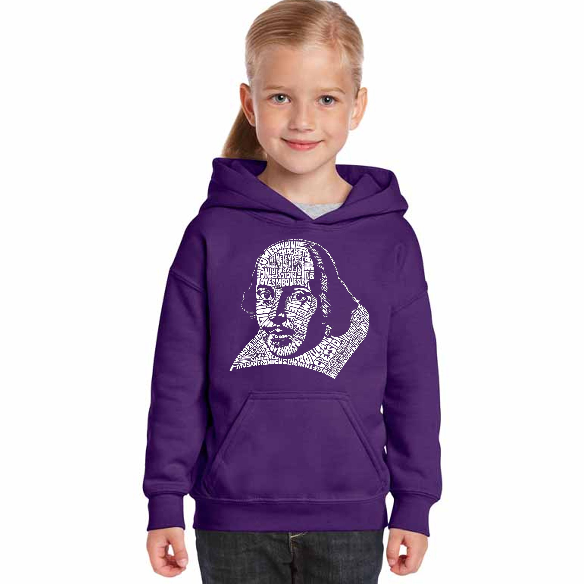 Girl's Shakespeare Comedies & Tragedies Word Art Hooded Sweatshirt - LA Pop Art Style Pullover for Book Lovers & Theater Fans - Perfect for School, Library & Theater Outings