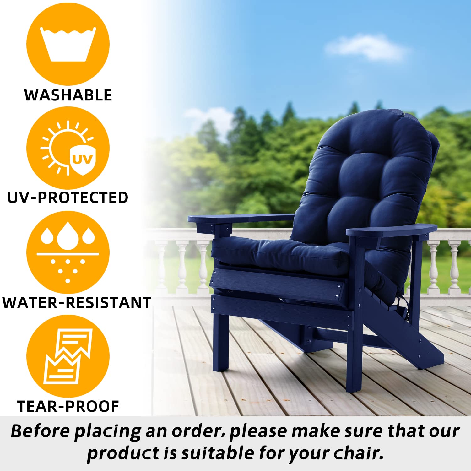 FILUXE Waterproof Adirondack & Rocking Chair Cushions - High Back Patio Pillow with Ties, Fade-Resistant All-Weather Outdoor/Indoor Tufted Seat Cushion Replacement (Royal Blue, 2 Pack) - Perfect for Deck, Porch, Garden & Poolside Relaxation